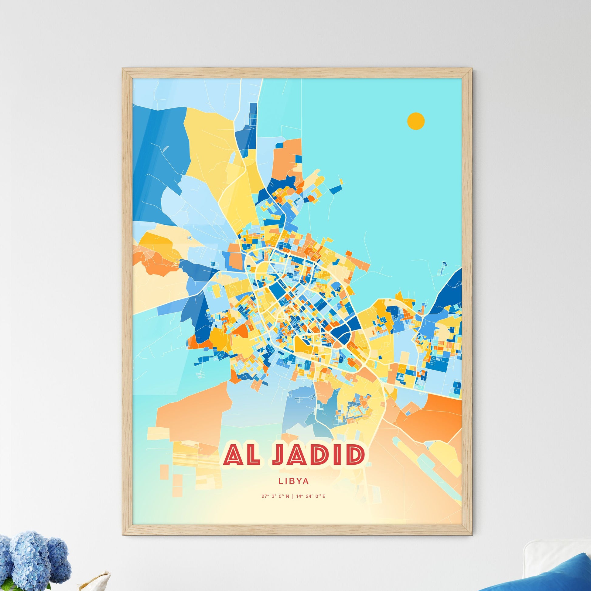 Colorful AL JADID LIBYA Fine Art Map Blue Orange