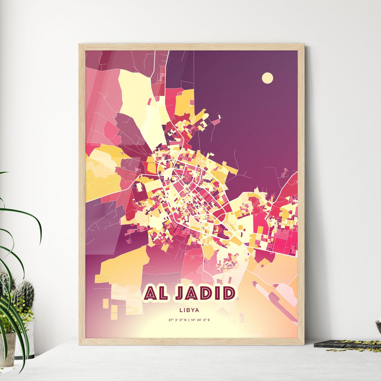 Colorful AL JADID LIBYA Fine Art Map Hot Red