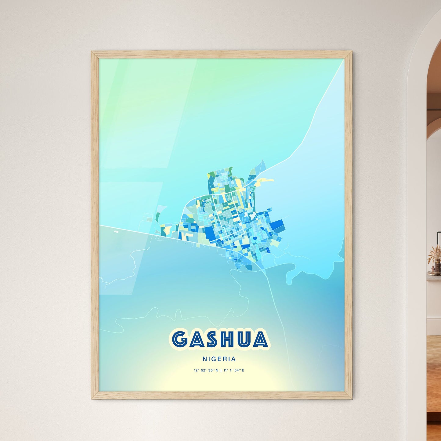 Colorful GASHUA NIGERIA Fine Art Map Cool Blue