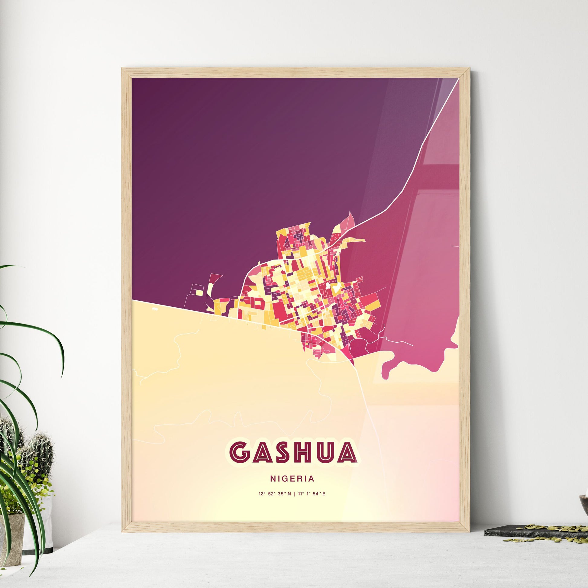 Colorful GASHUA NIGERIA Fine Art Map Hot Red