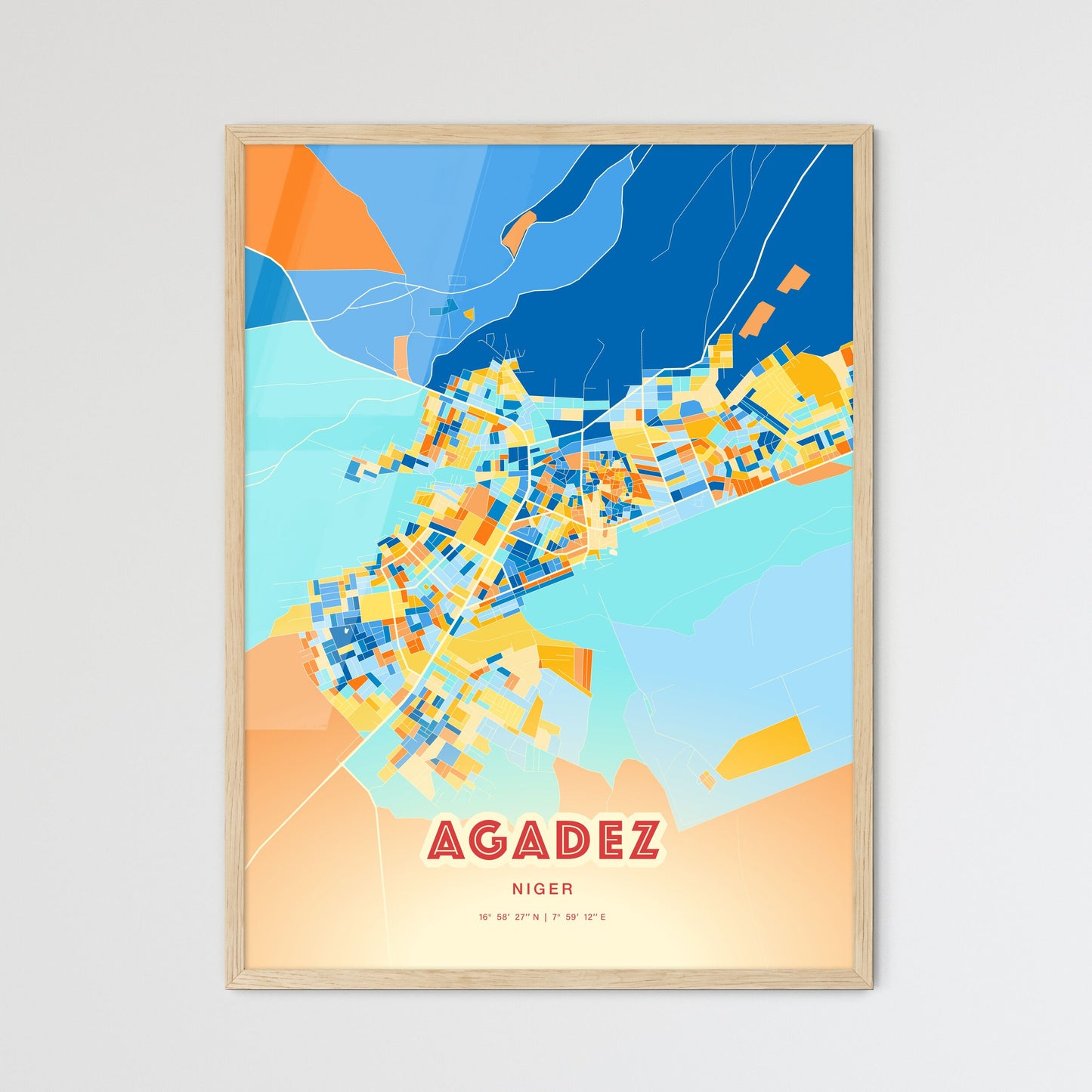 Colorful AGADEZ NIGER Fine Art Map Blue Orange