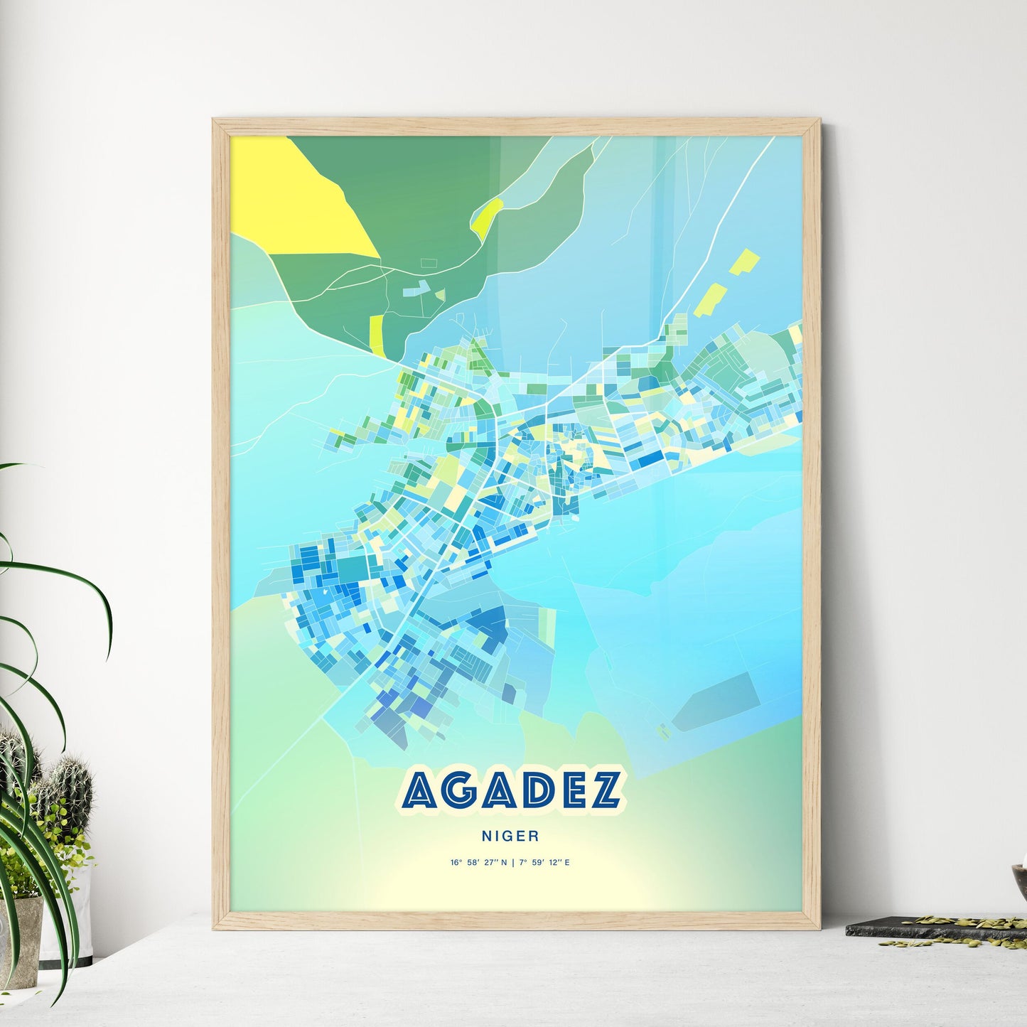 Colorful AGADEZ NIGER Fine Art Map Cool Blue