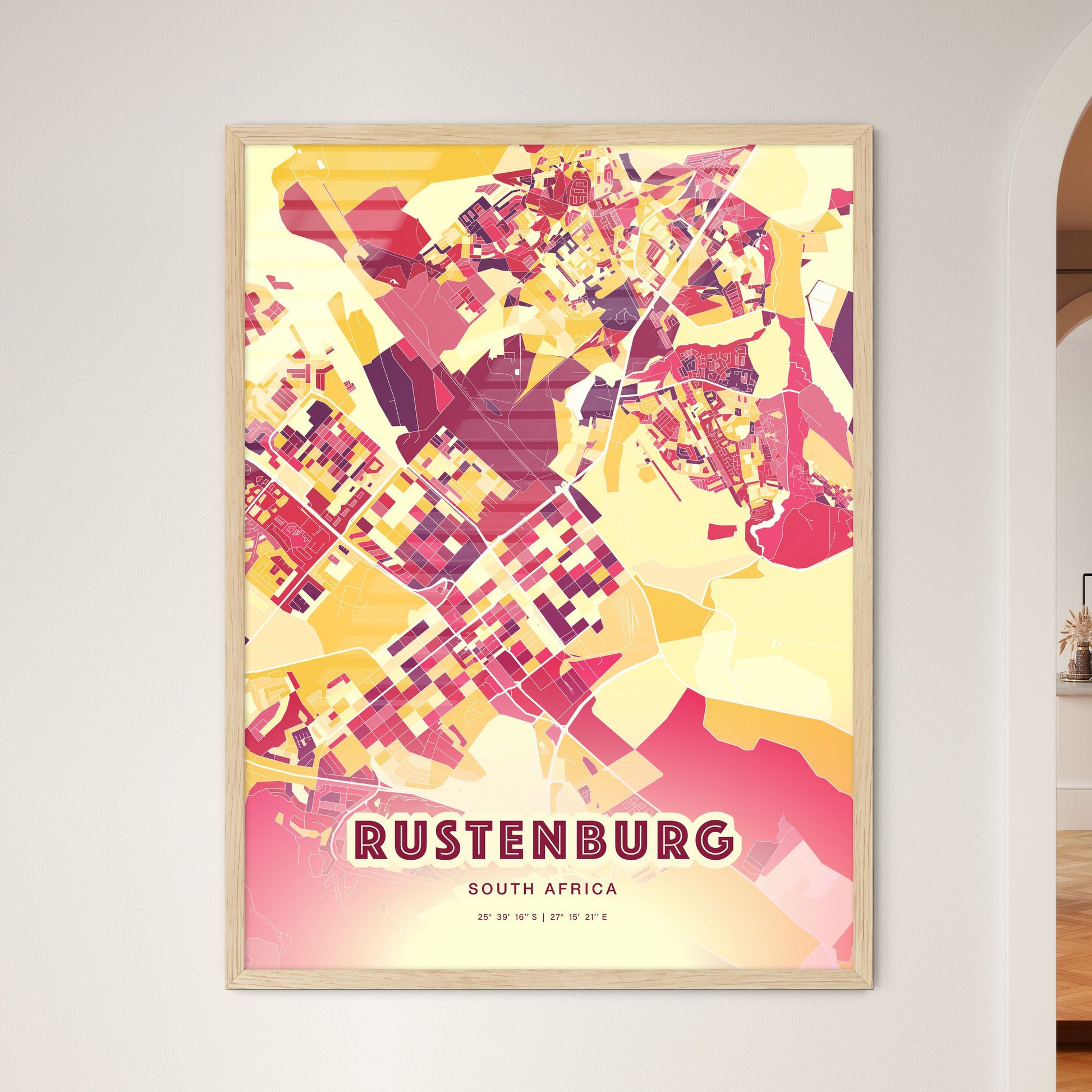 Colorful RUSTENBURG SOUTH AFRICA Fine Art Map Hot Red