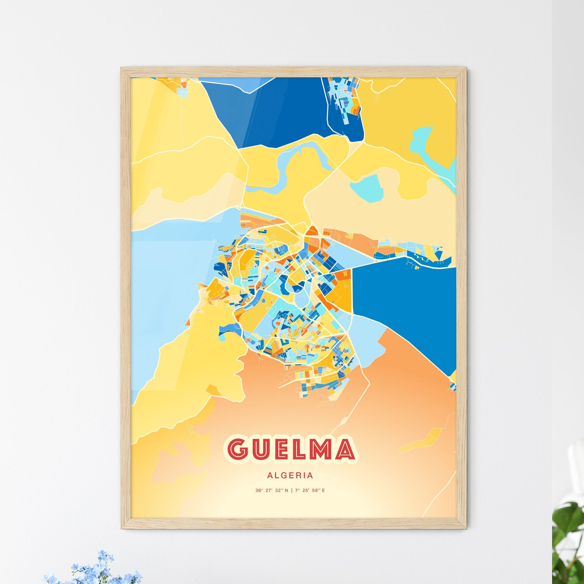 Colorful GUELMA ALGERIA Fine Art Map Blue Orange