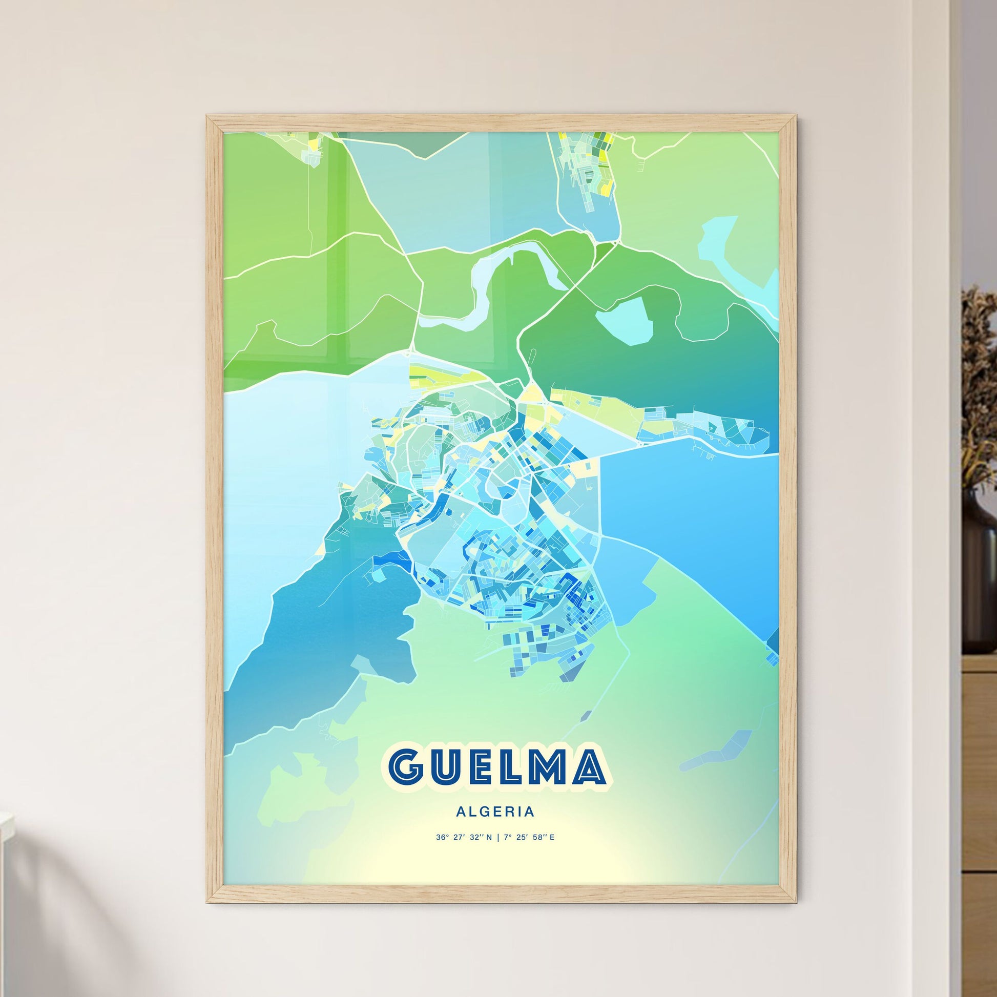 Colorful GUELMA ALGERIA Fine Art Map Cool Blue