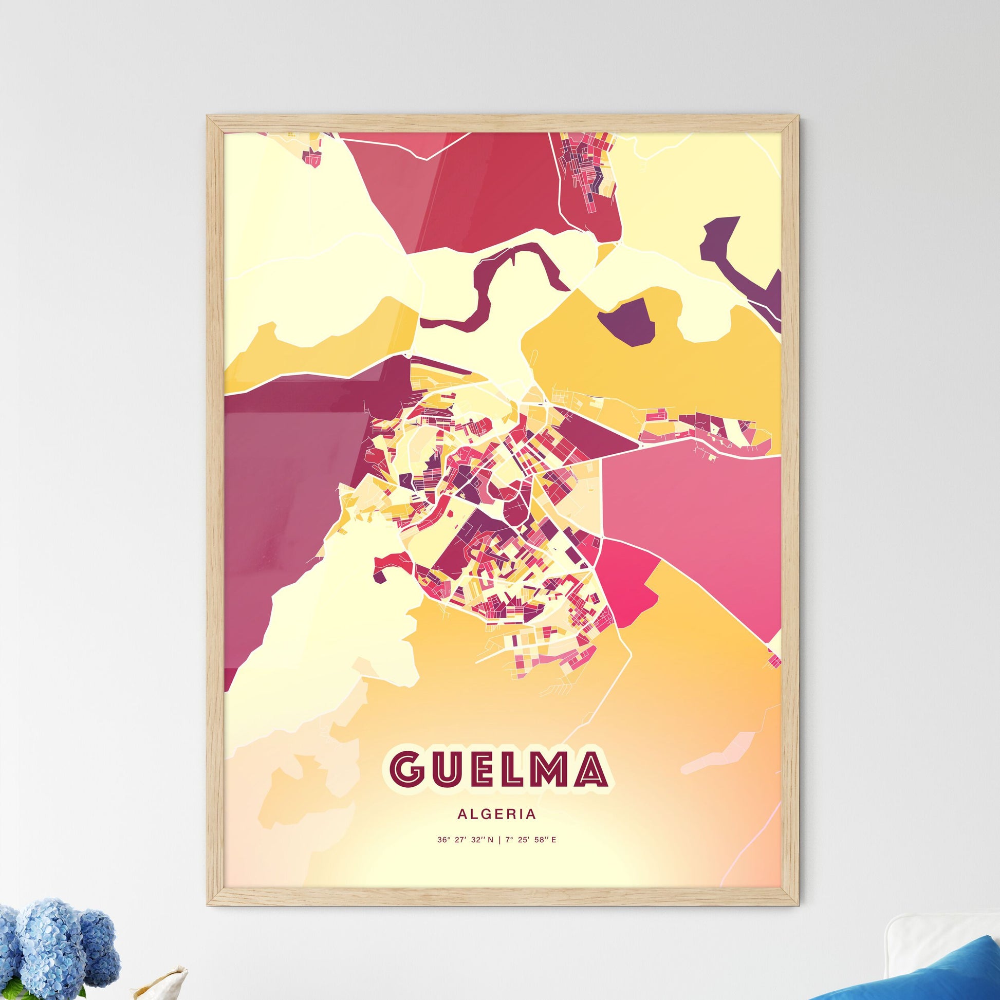 Colorful GUELMA ALGERIA Fine Art Map Hot Red