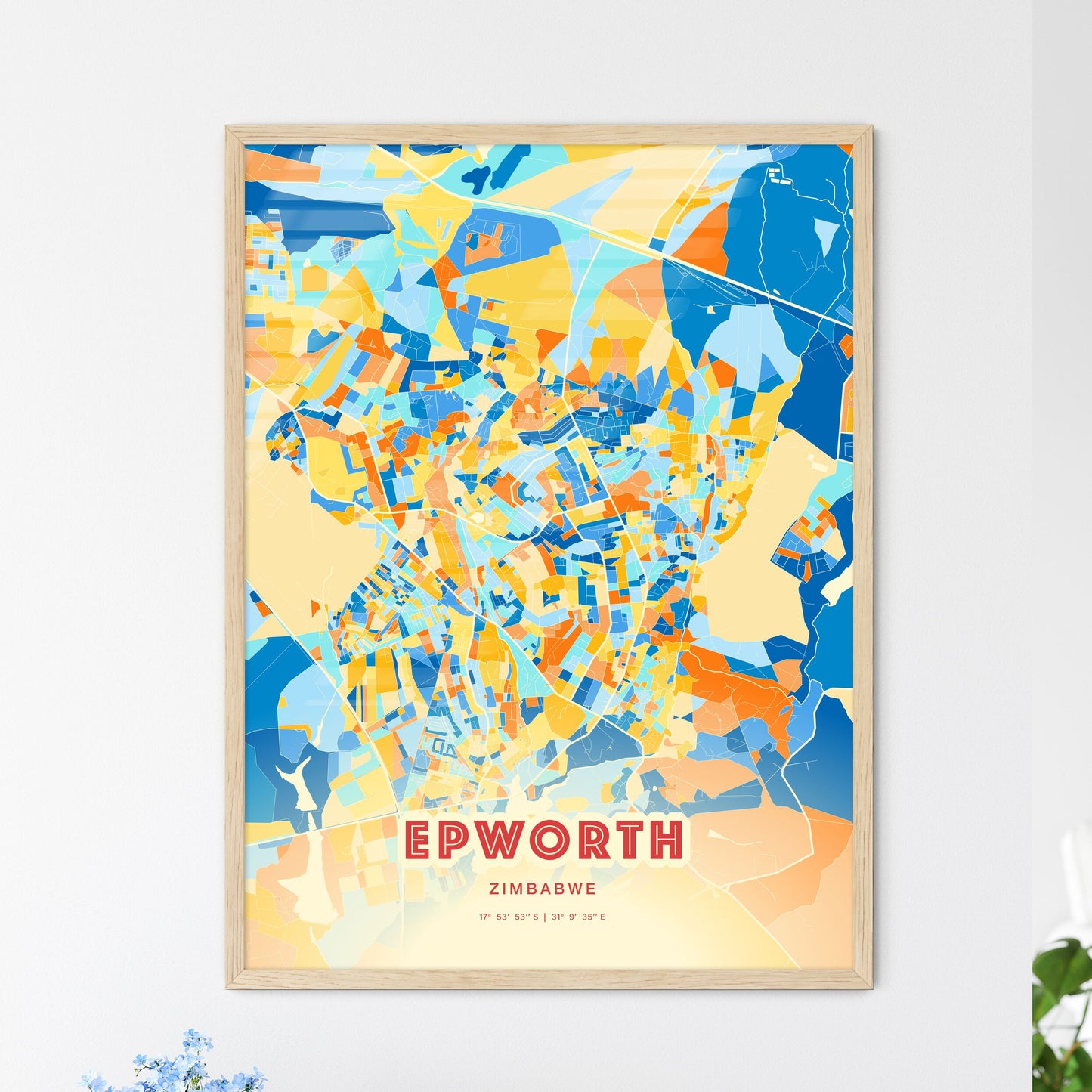 Colorful EPWORTH ZIMBABWE Fine Art Map Blue Orange