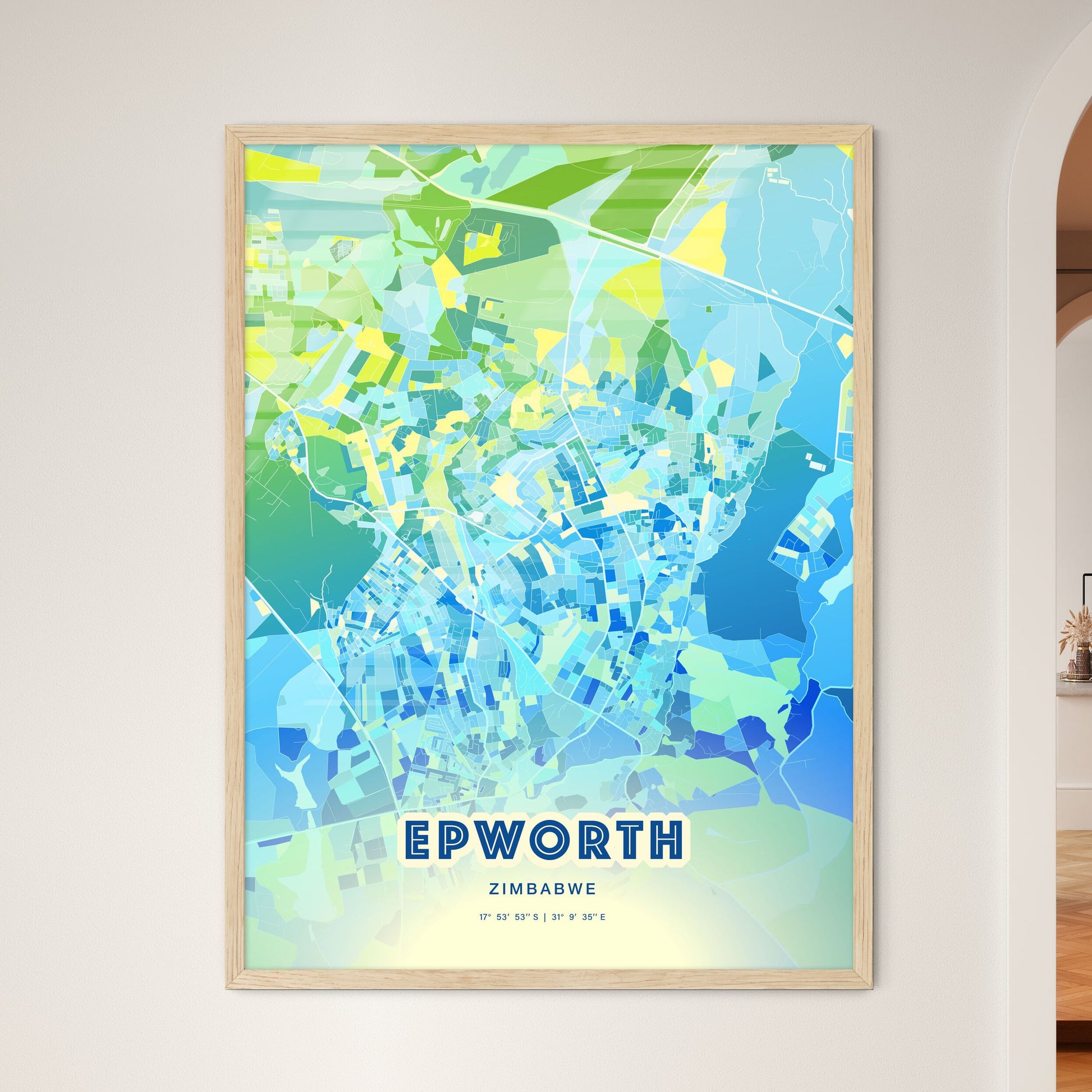 Colorful EPWORTH ZIMBABWE Fine Art Map Cool Blue