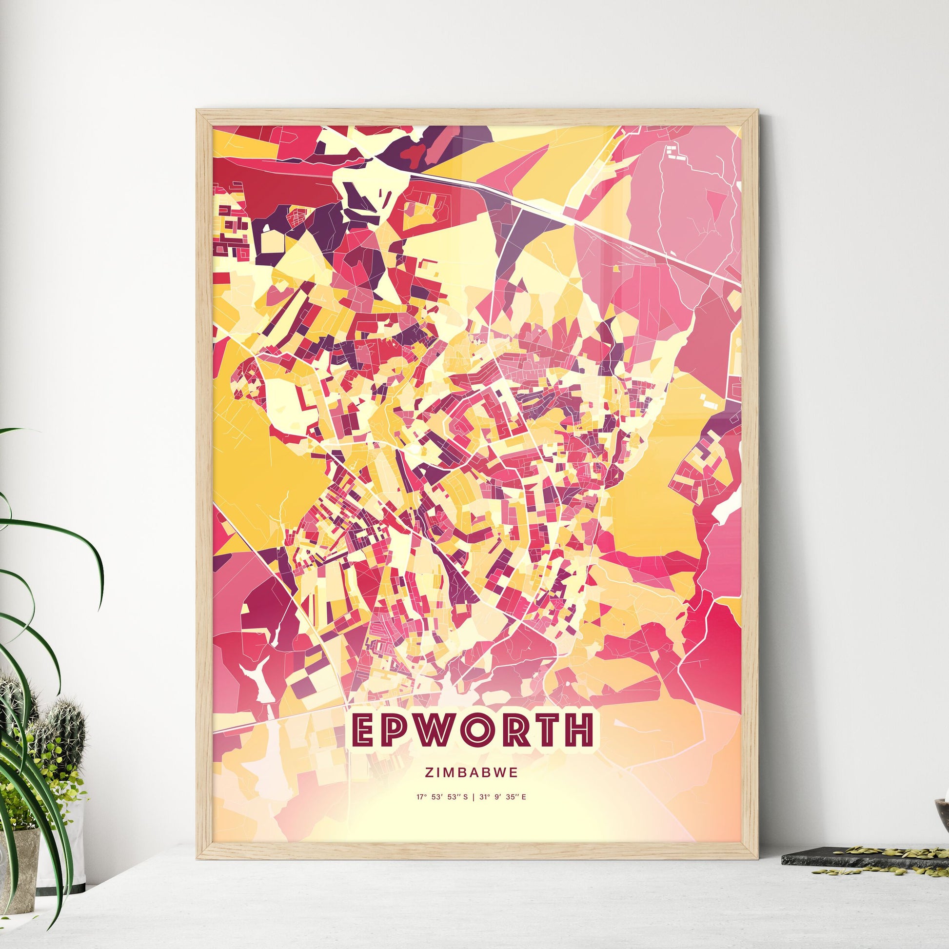 Colorful EPWORTH ZIMBABWE Fine Art Map Hot Red