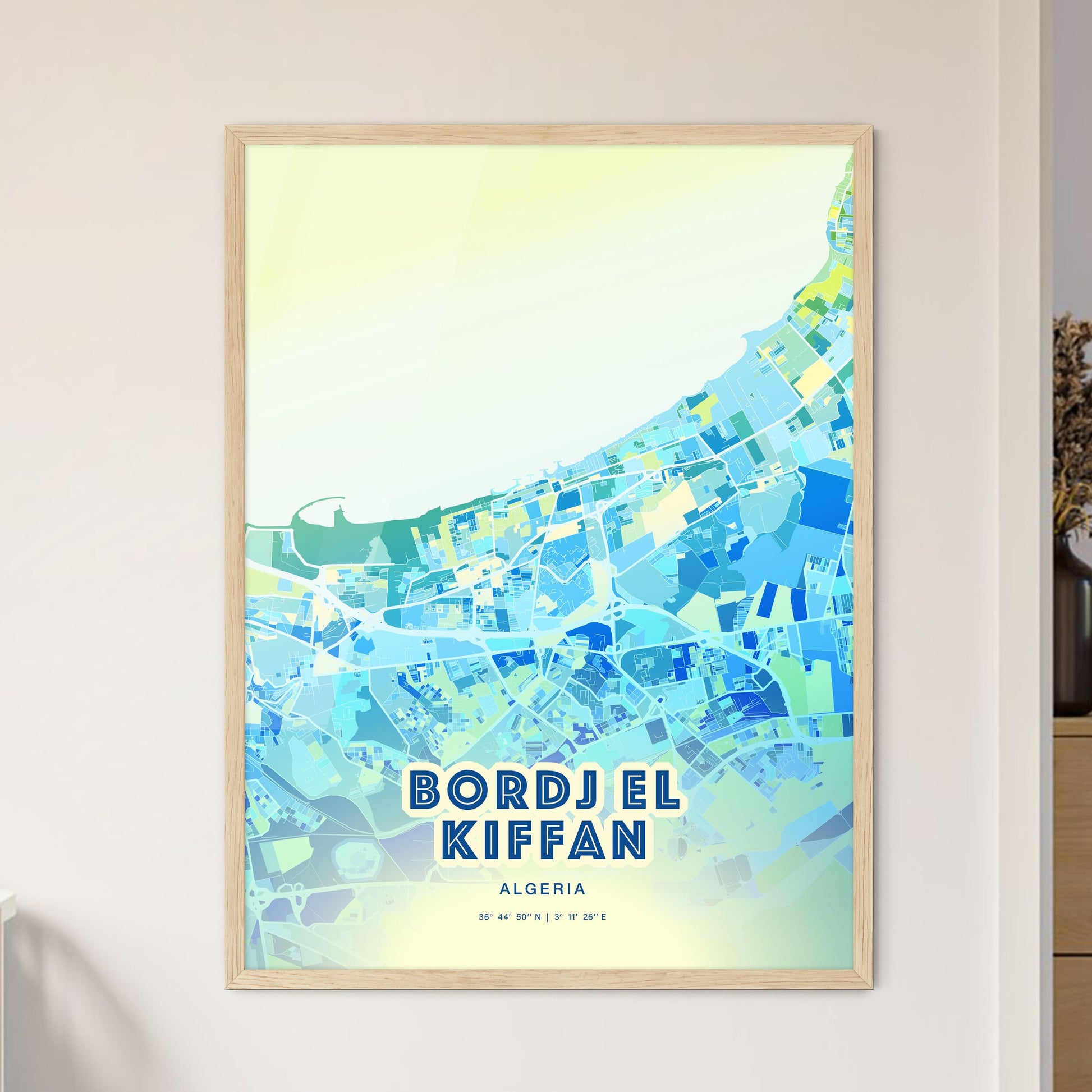 Colorful BORDJ EL KIFFAN ALGERIA Fine Art Map Cool Blue