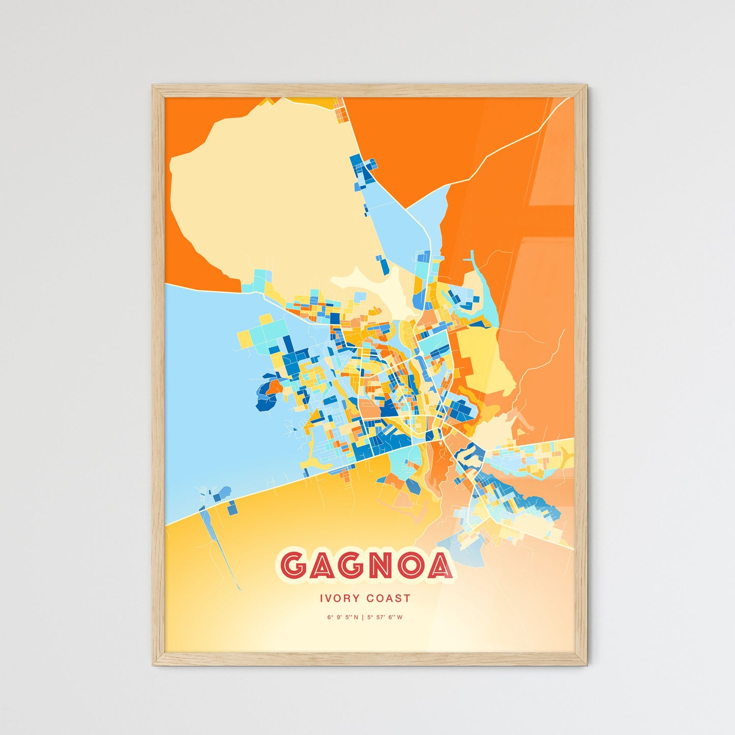 Colorful GAGNOA IVORY COAST Fine Art Map Blue Orange