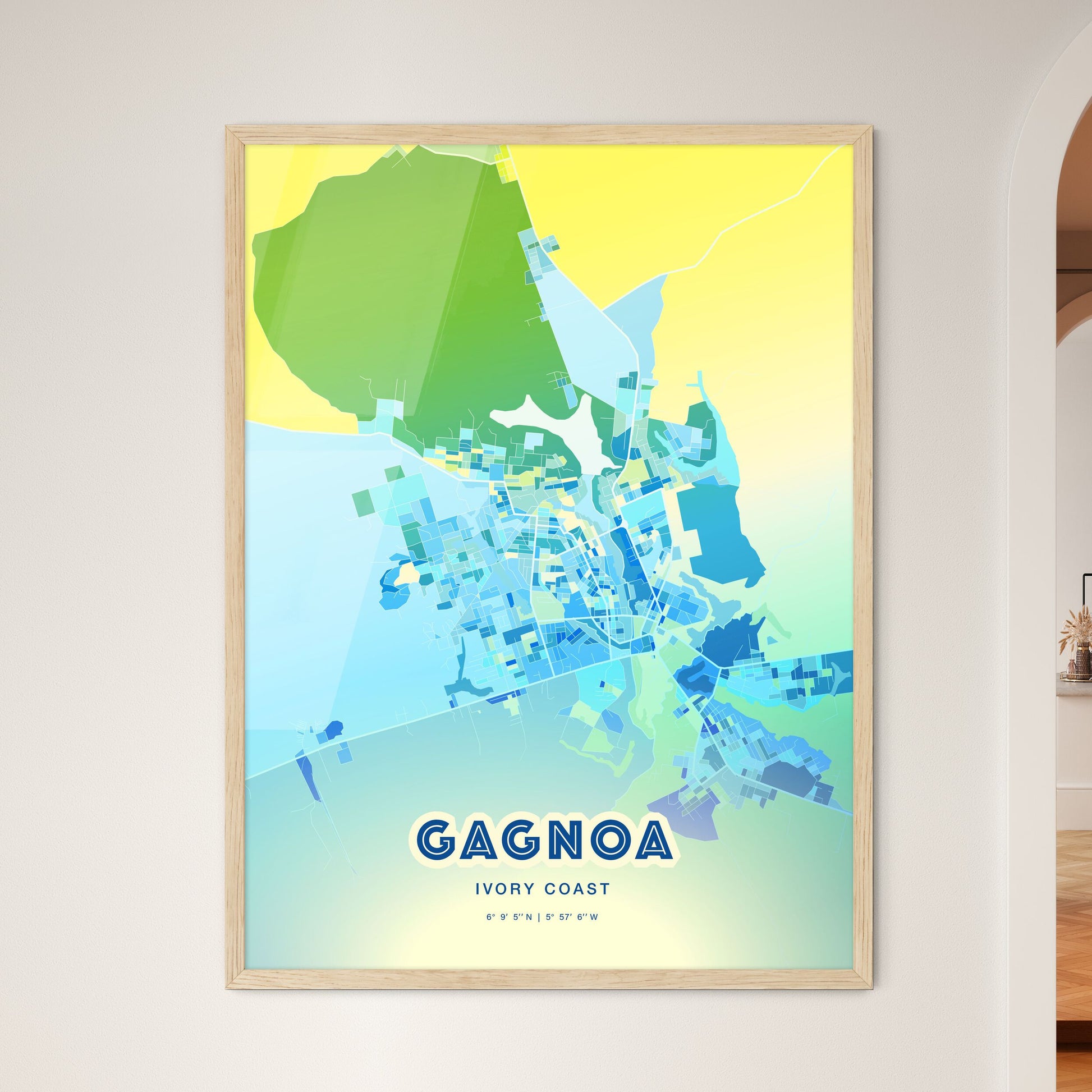 Colorful GAGNOA IVORY COAST Fine Art Map Cool Blue