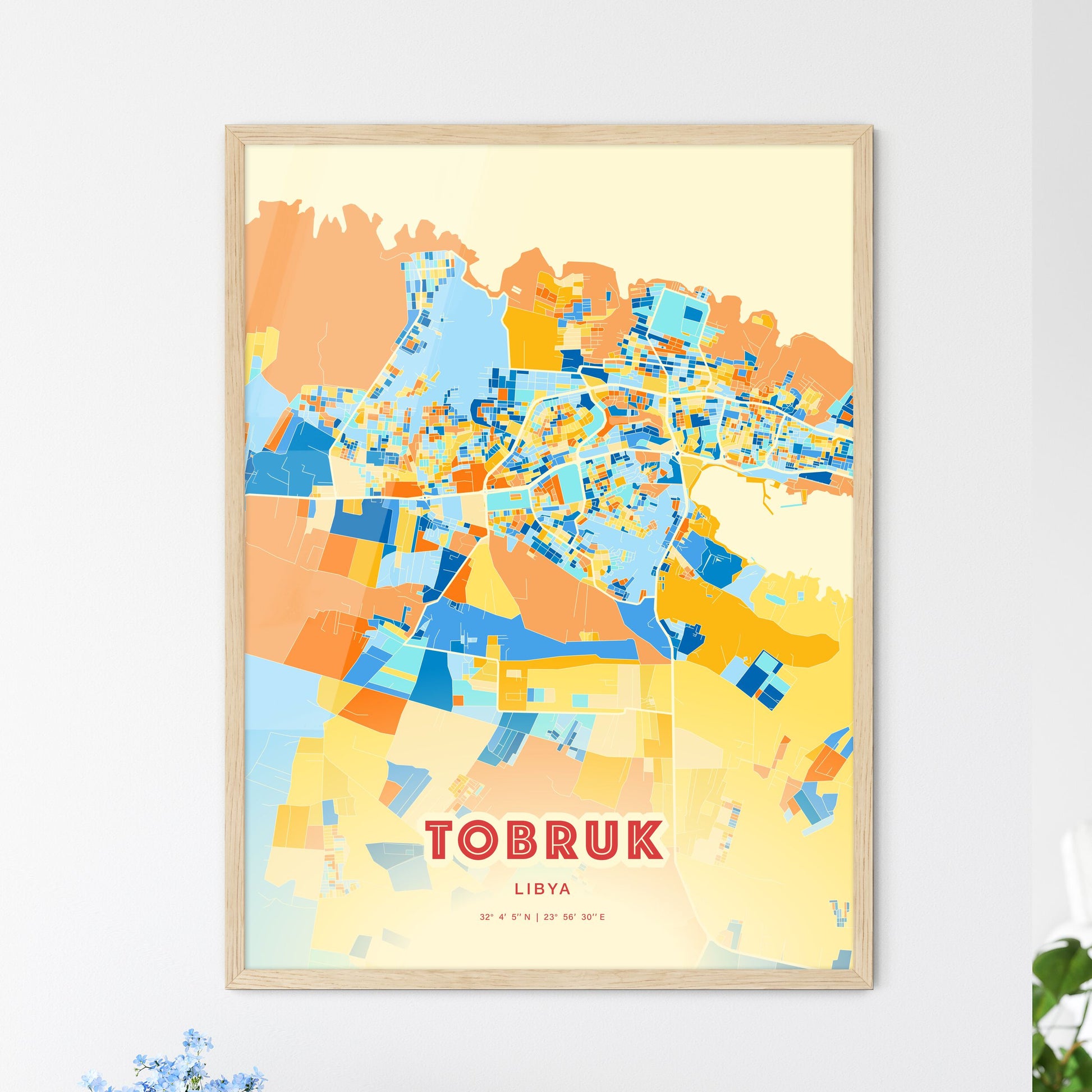 Colorful TOBRUK LIBYA Fine Art Map Blue Orange