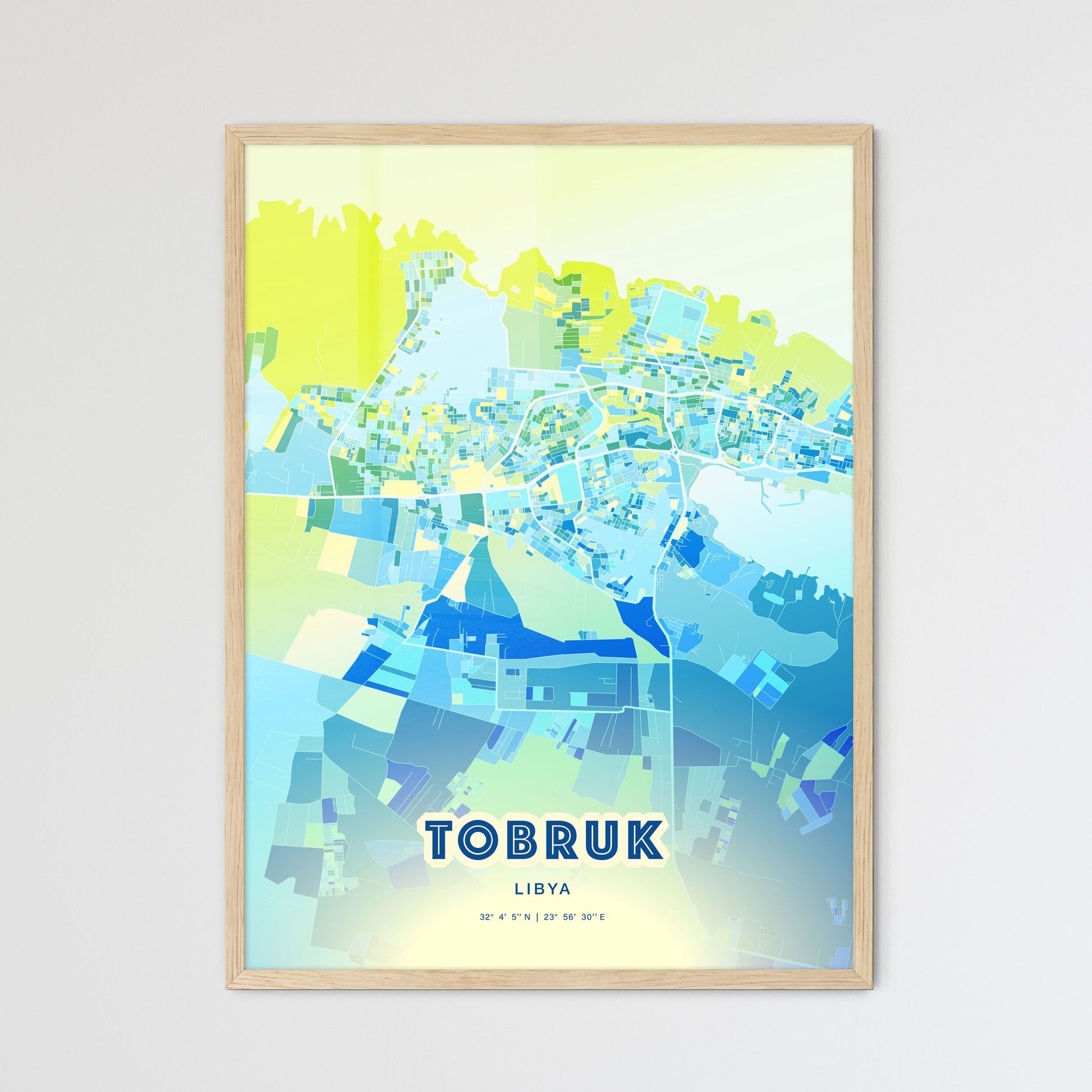 Colorful TOBRUK LIBYA Fine Art Map Cool Blue