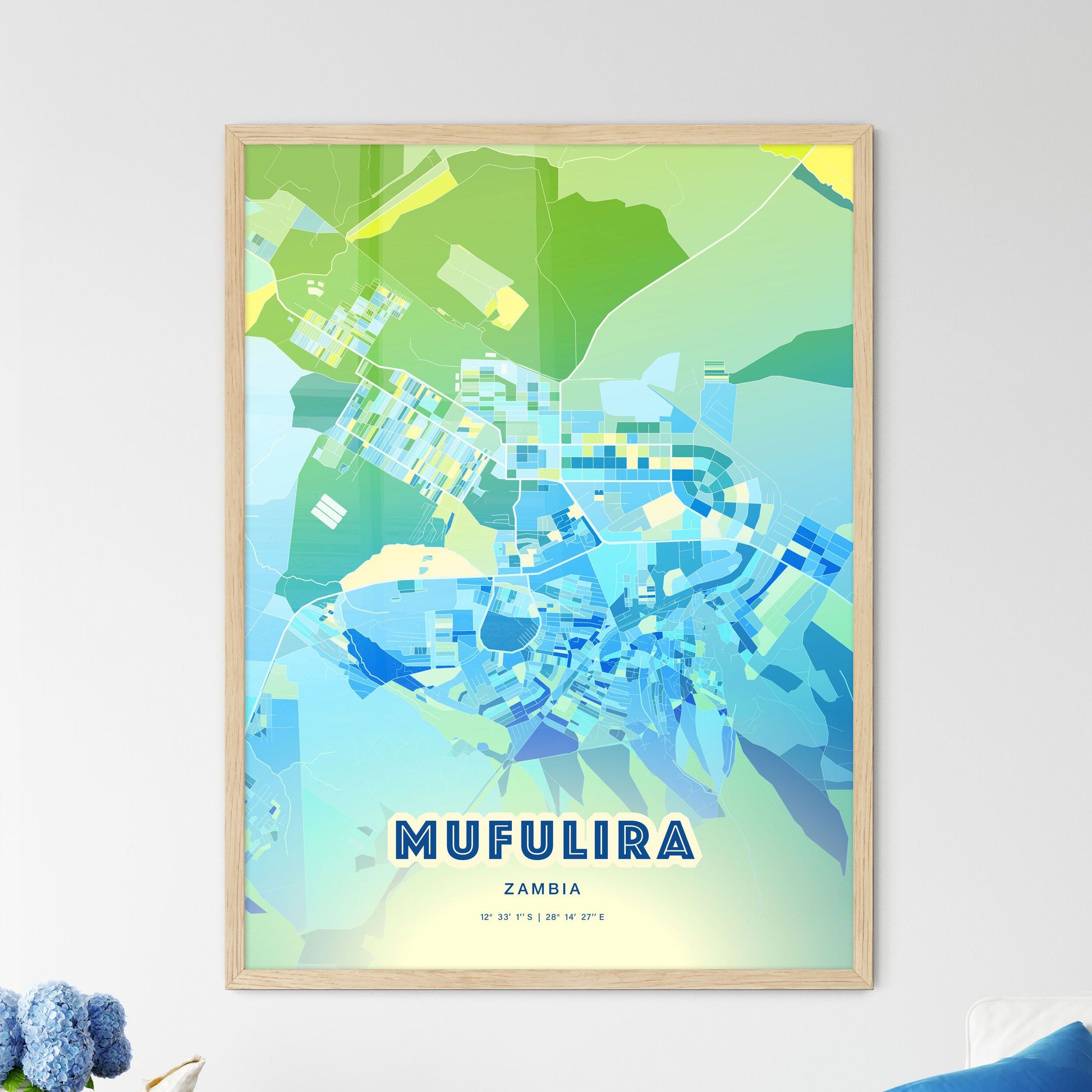 Colorful MUFULIRA ZAMBIA Fine Art Map Cool Blue