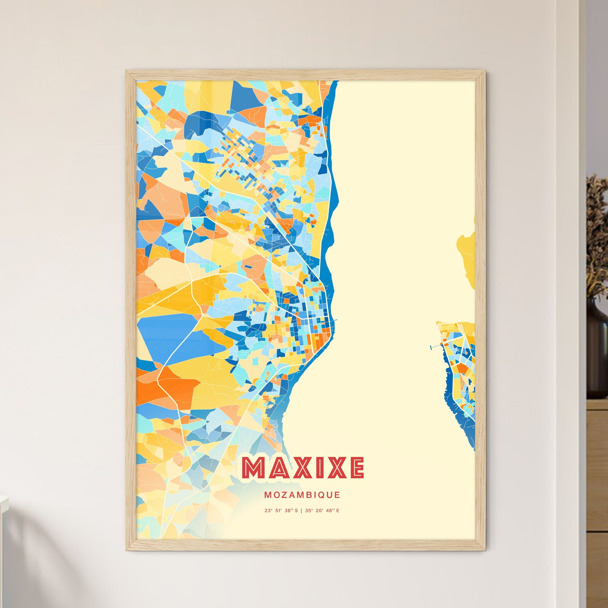 Colorful MAXIXE MOZAMBIQUE Fine Art Map Blue Orange