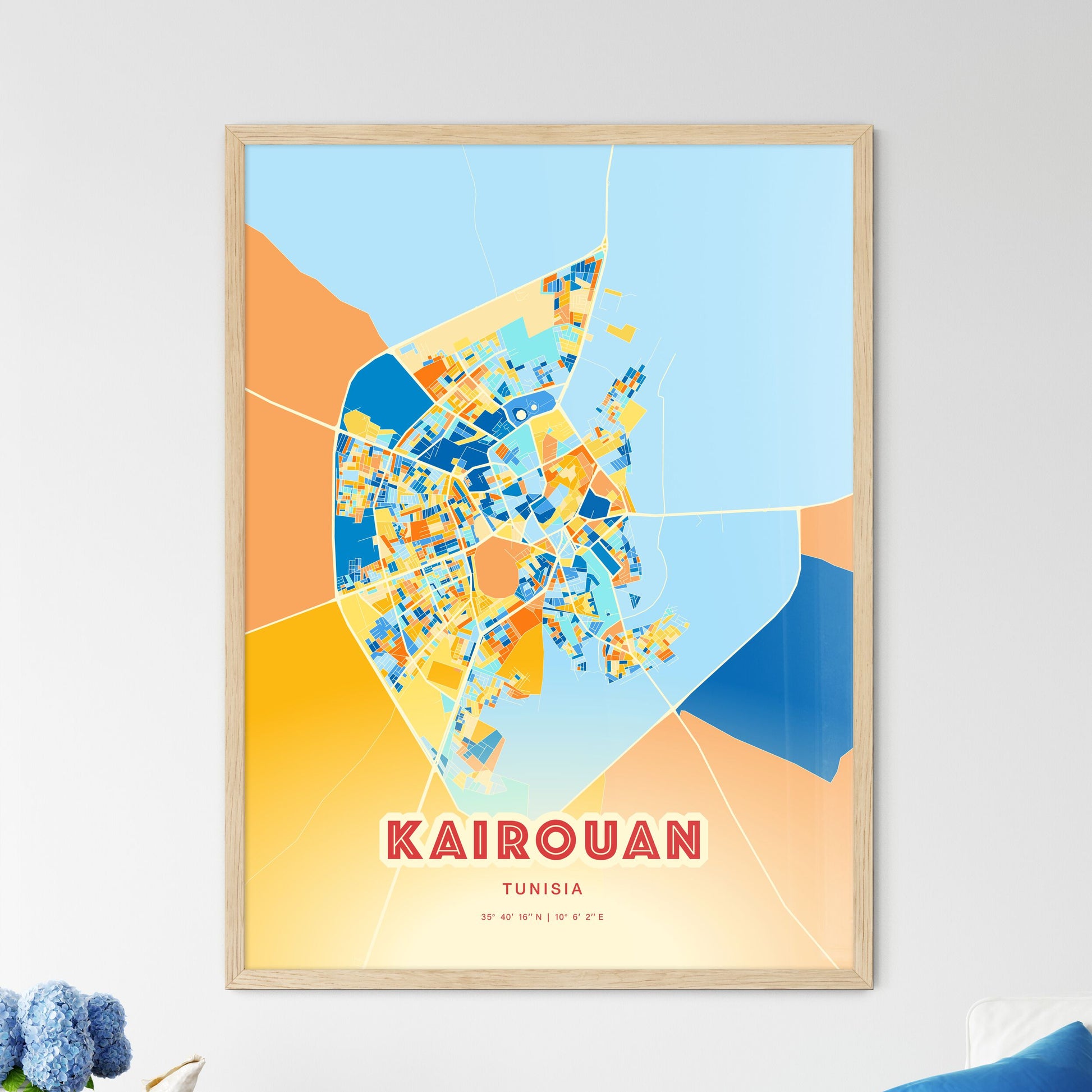 Colorful KAIROUAN TUNISIA Fine Art Map Blue Orange