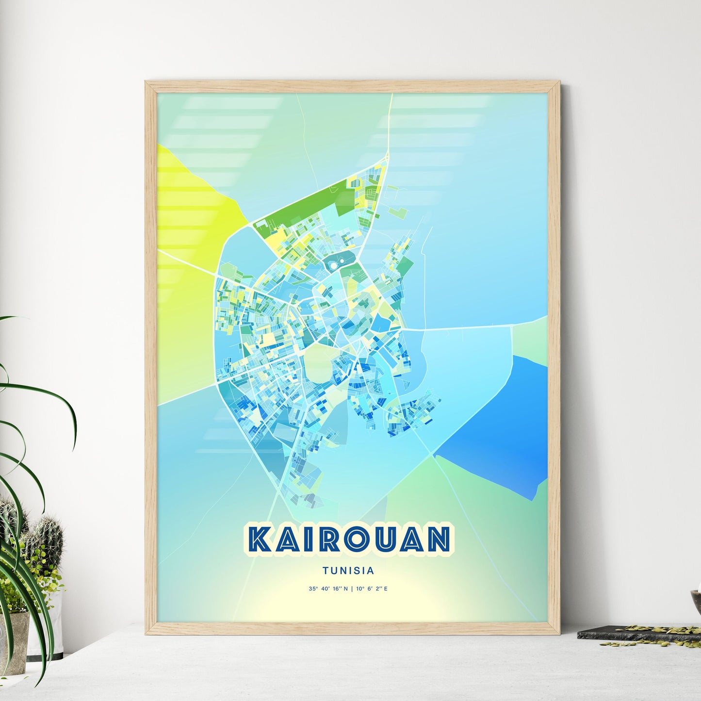 Colorful KAIROUAN TUNISIA Fine Art Map Cool Blue