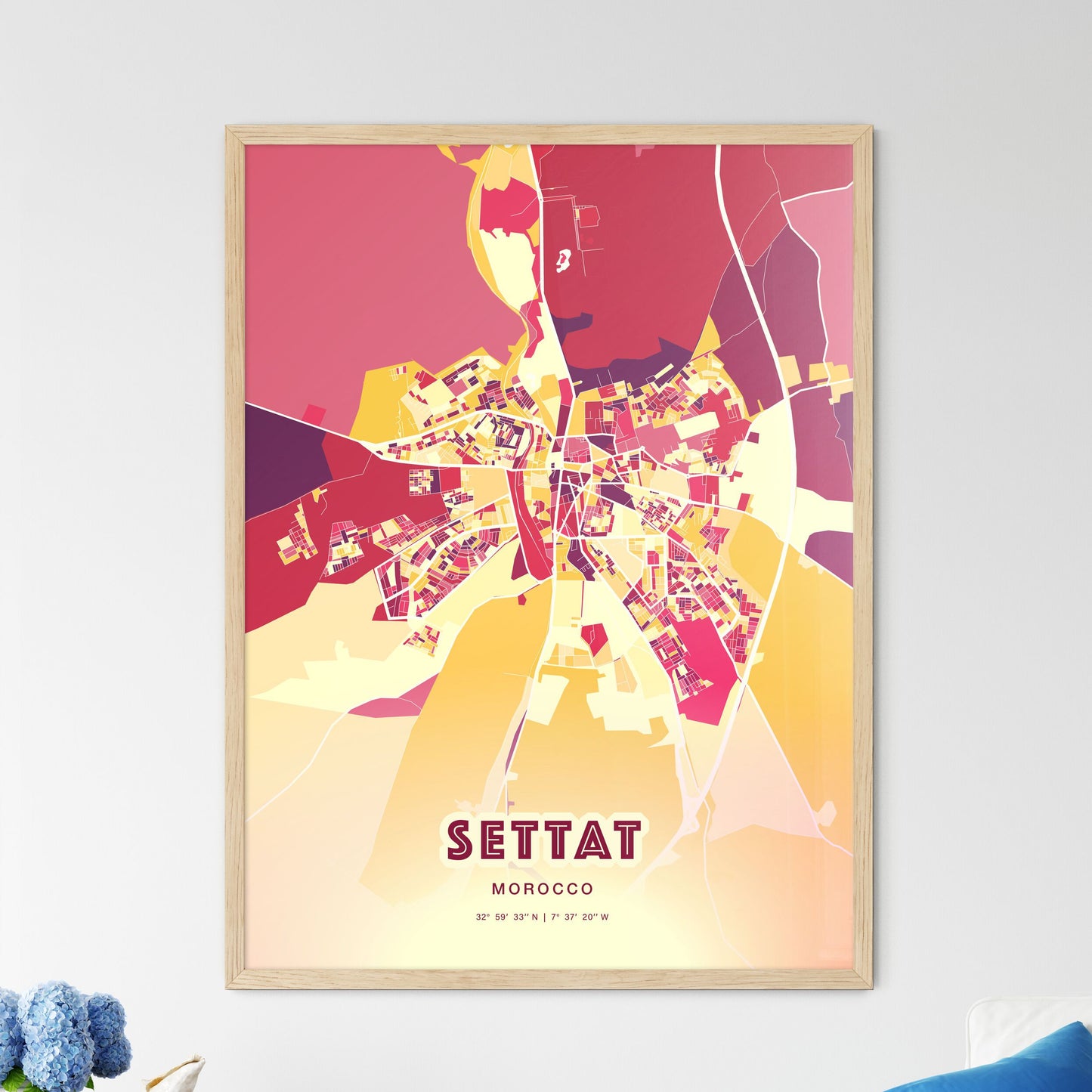 Colorful SETTAT MOROCCO Fine Art Map Hot Red