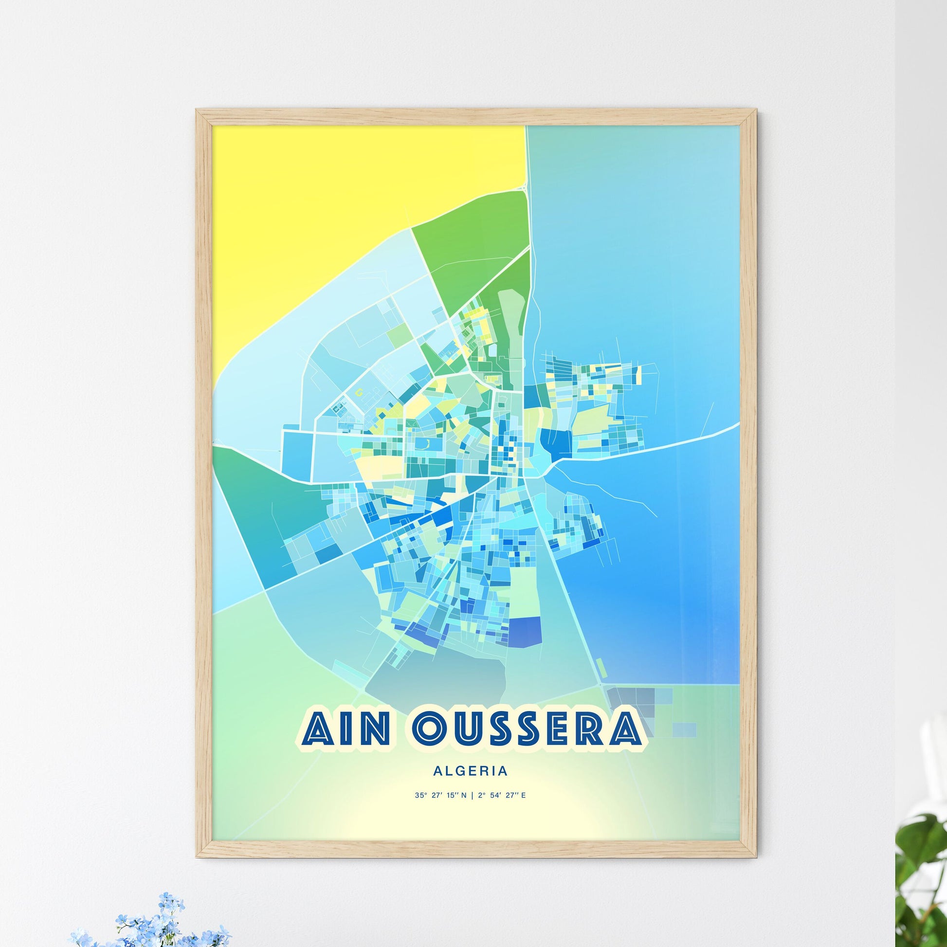 Colorful AIN OUSSERA ALGERIA Fine Art Map Cool Blue