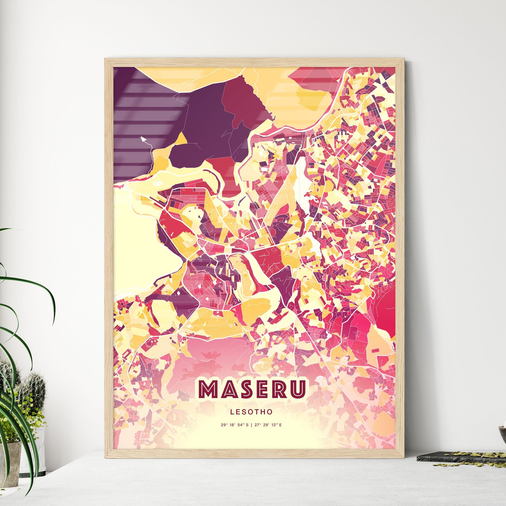 Colorful MASERU LESOTHO Fine Art Map Hot Red