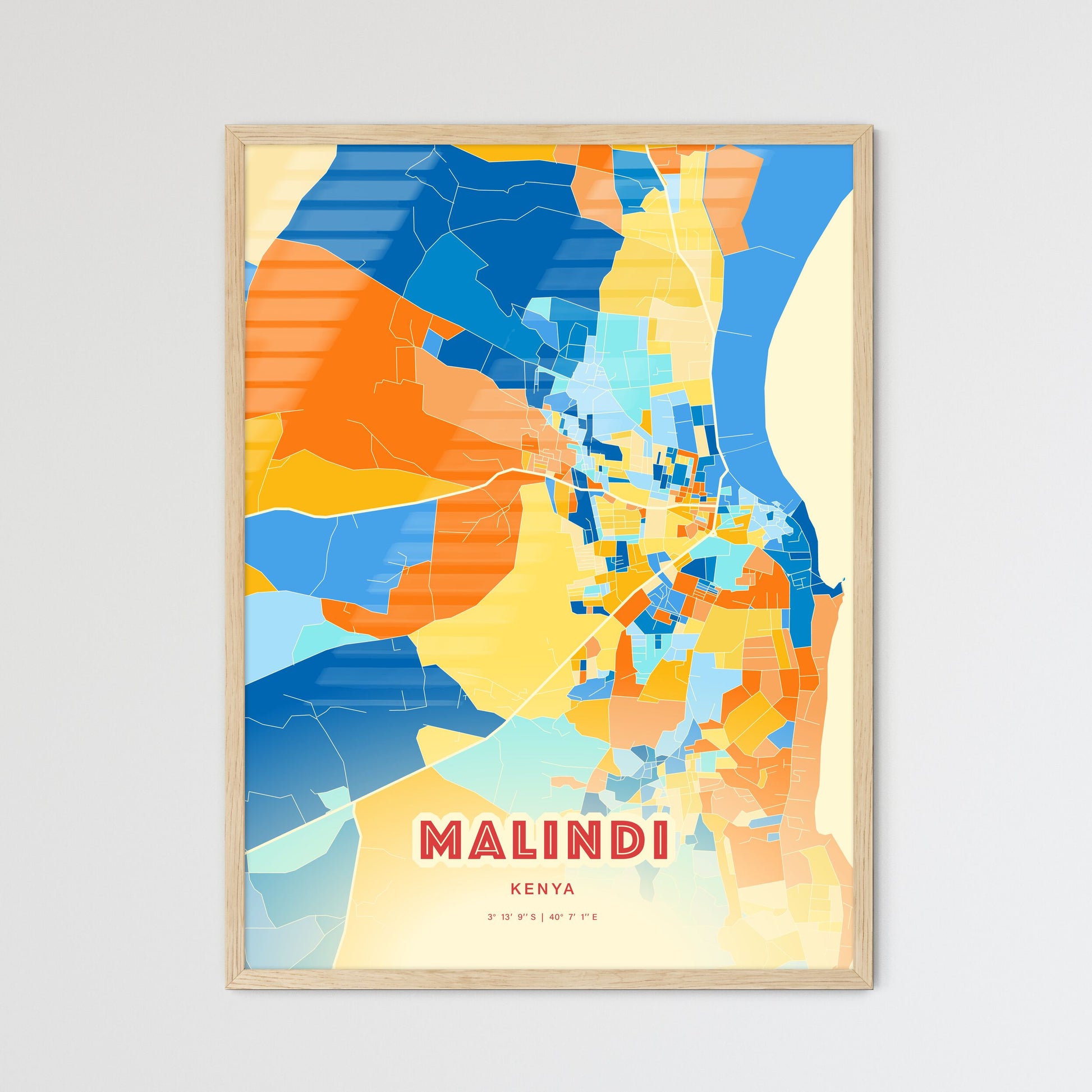 Colorful MALINDI KENYA Fine Art Map Blue Orange