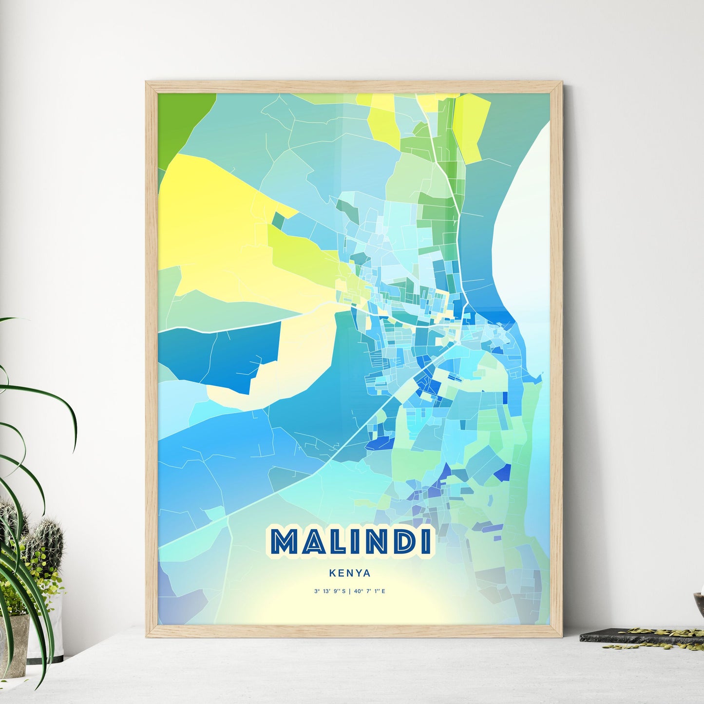 Colorful MALINDI KENYA Fine Art Map Cool Blue