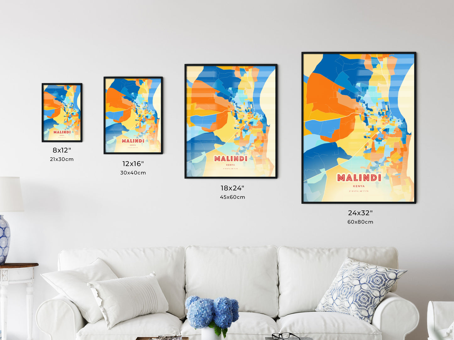 Colorful MALINDI KENYA Fine Art Map Blue Orange