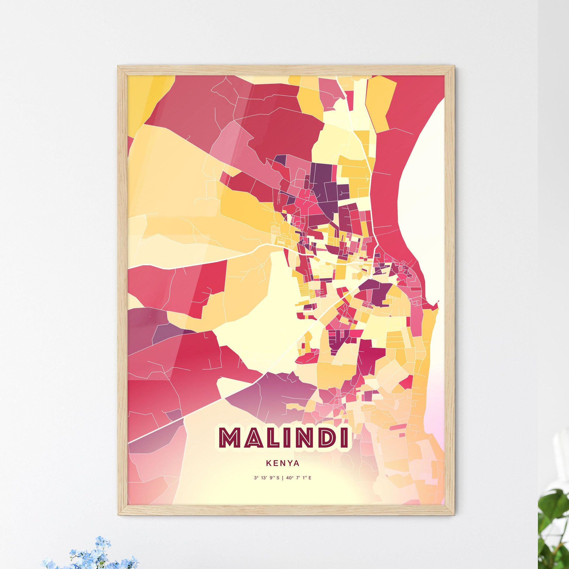 Colorful MALINDI KENYA Fine Art Map Hot Red