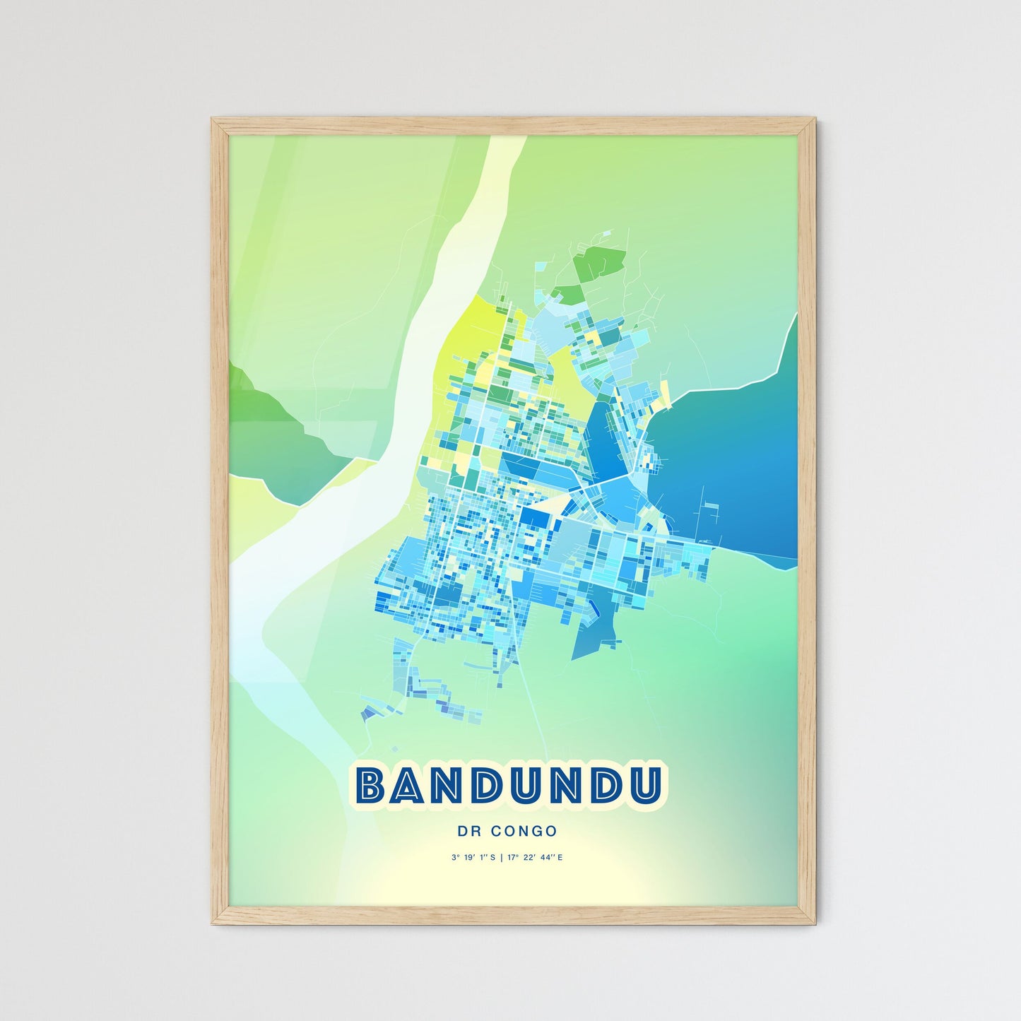 Colorful BANDUNDU DR CONGO Fine Art Map Cool Blue