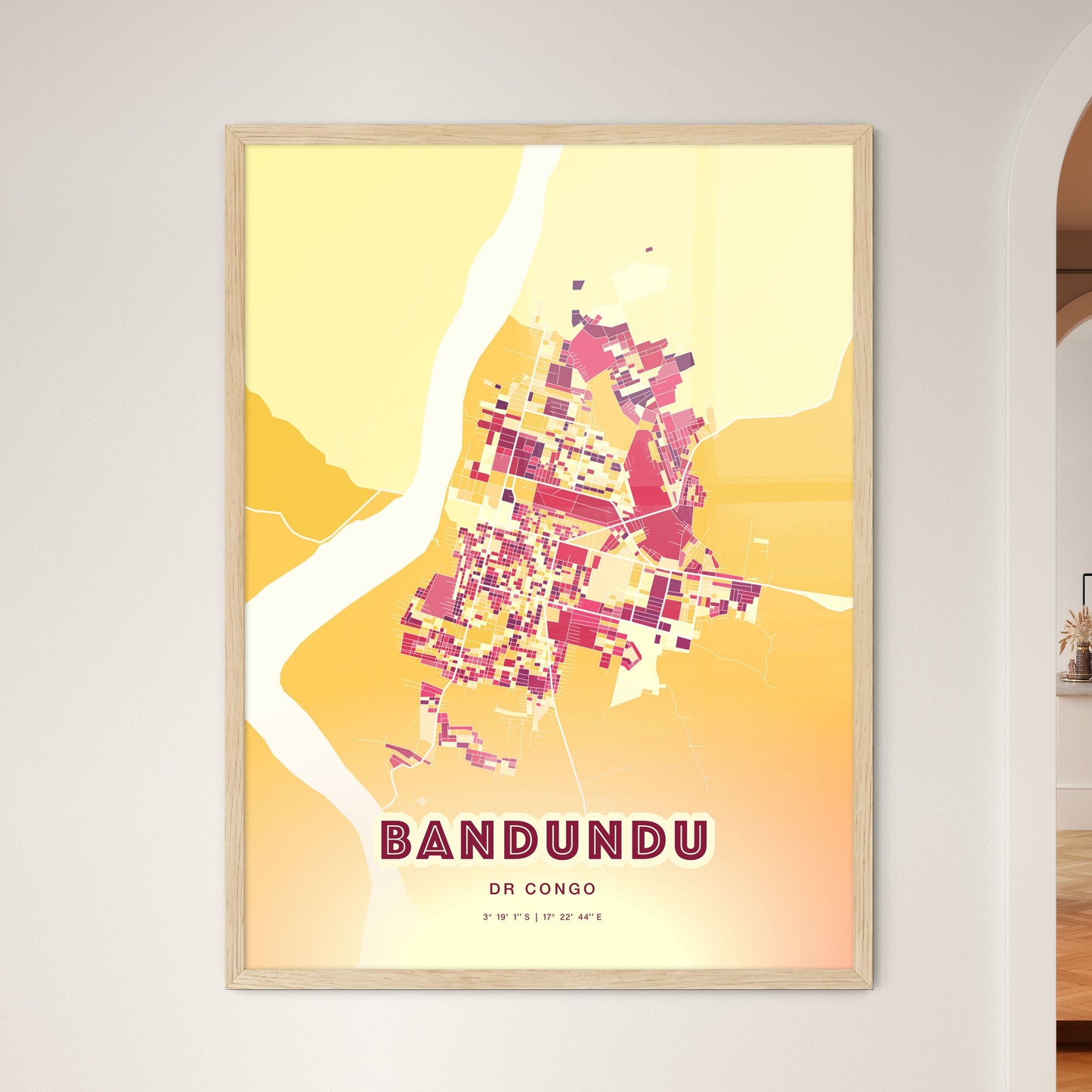 Colorful BANDUNDU DR CONGO Fine Art Map Hot Red