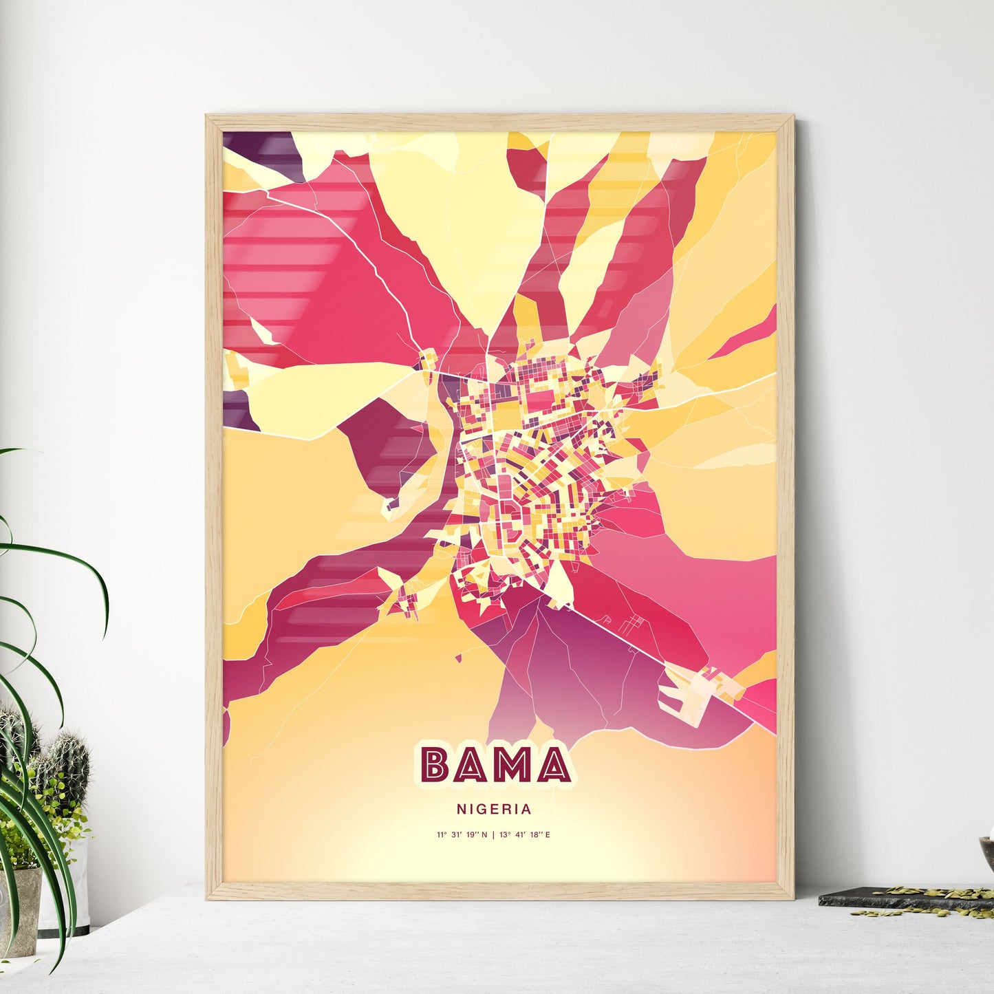 Colorful BAMA NIGERIA Fine Art Map Hot Red