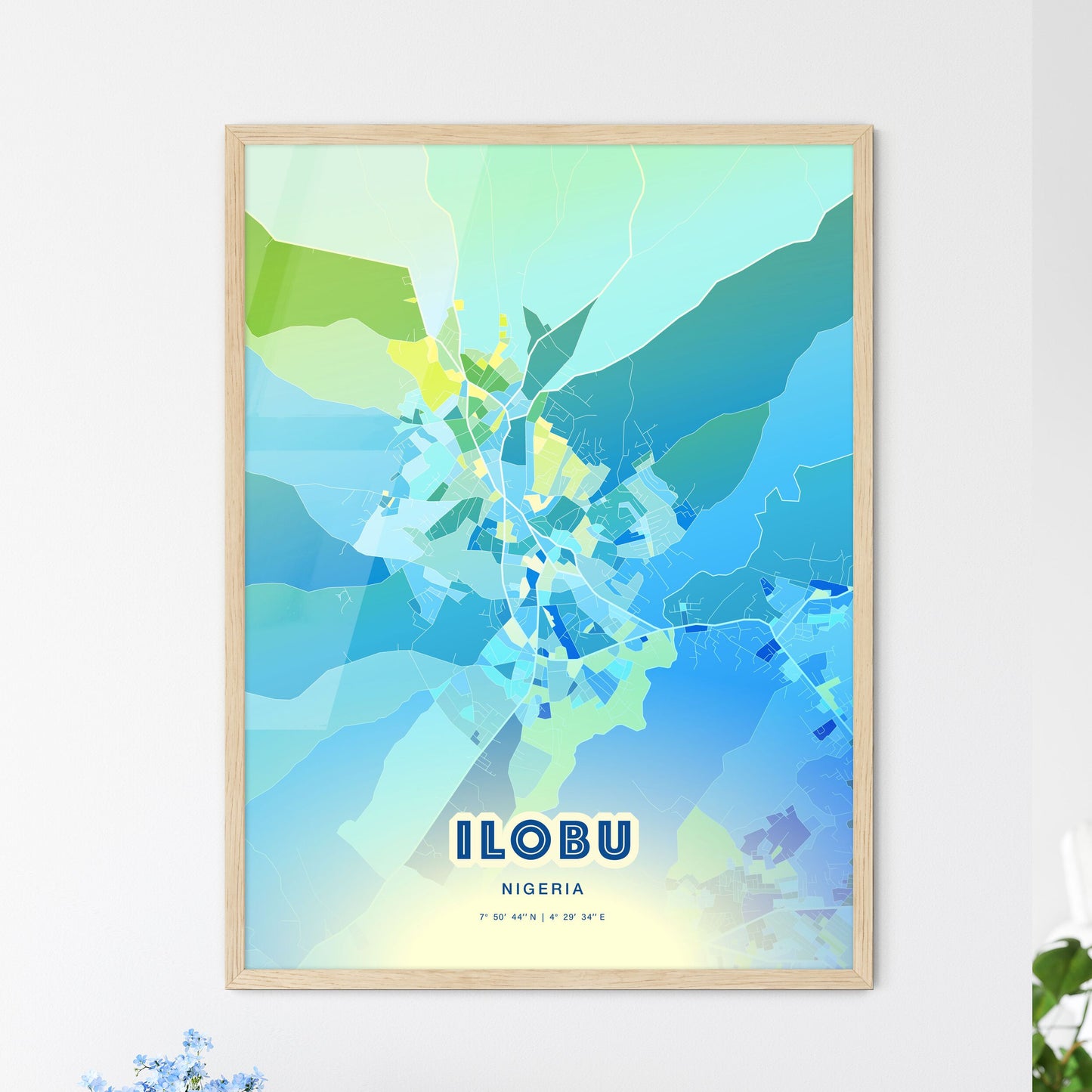 Colorful ILOBU NIGERIA Fine Art Map Cool Blue