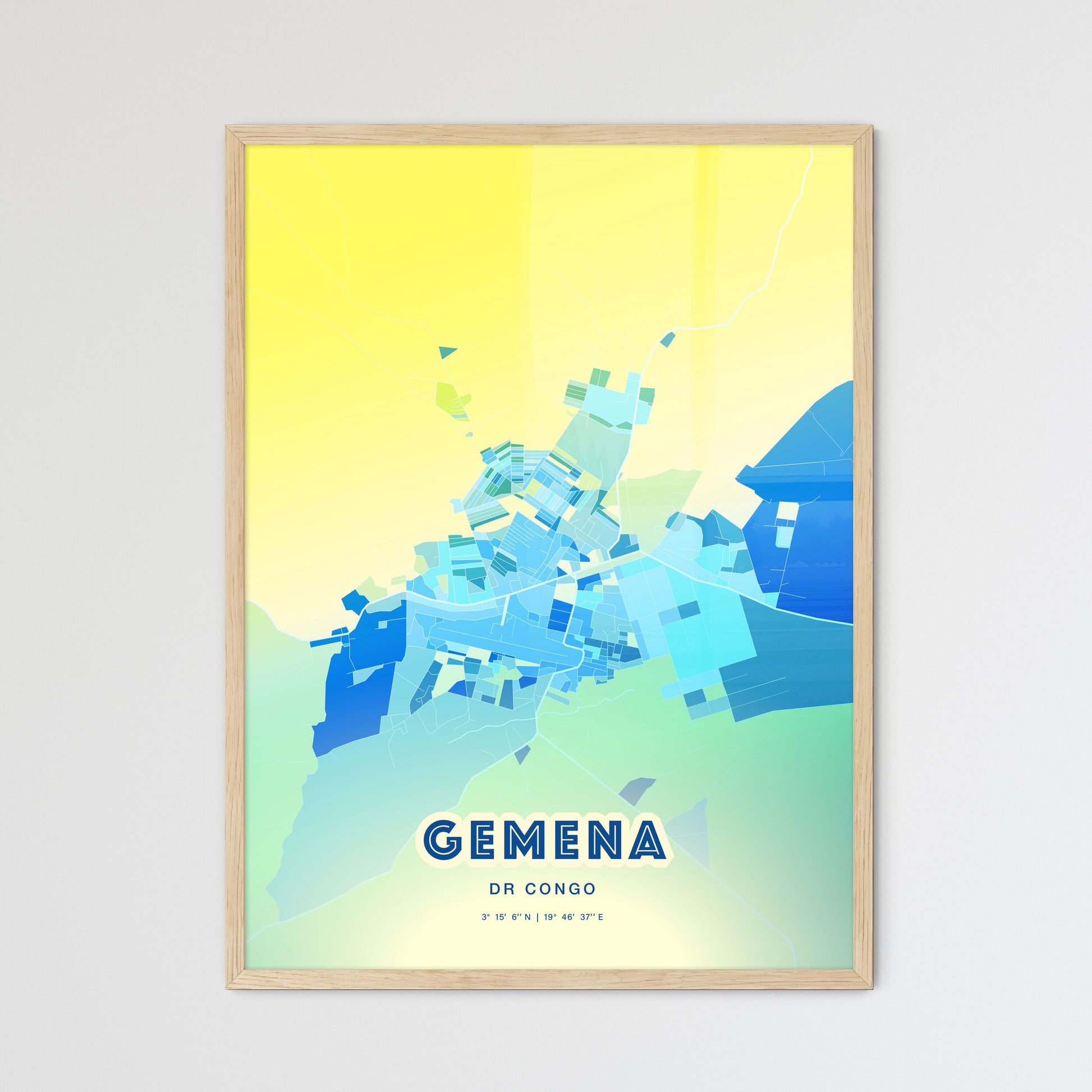 Colorful GEMENA DR CONGO Fine Art Map Cool Blue