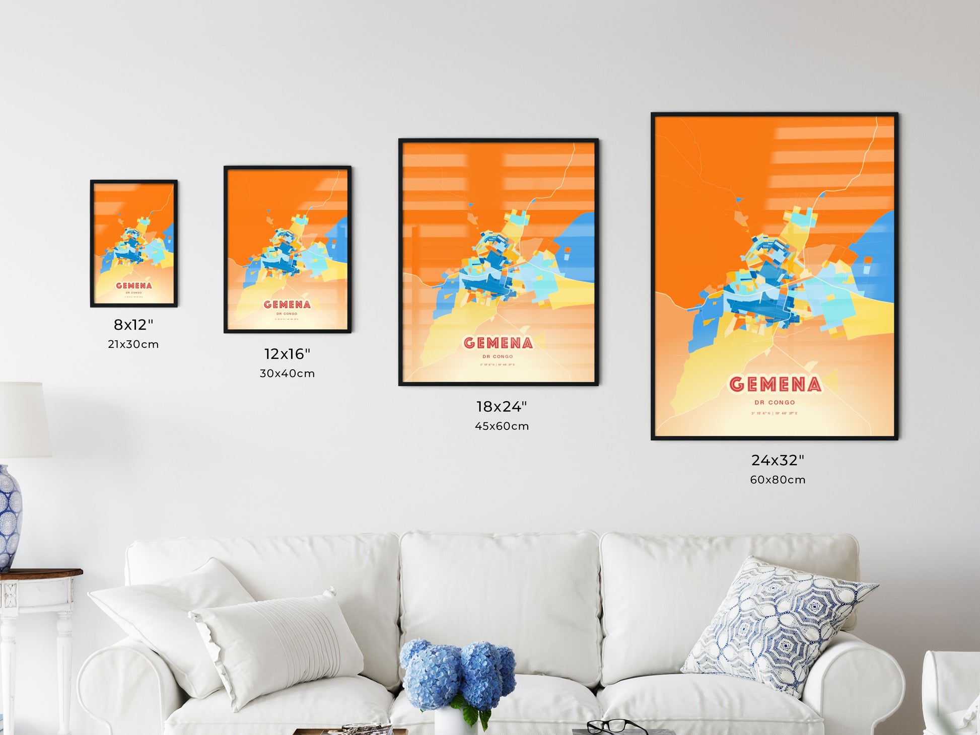 Colorful GEMENA DR CONGO Fine Art Map Blue Orange