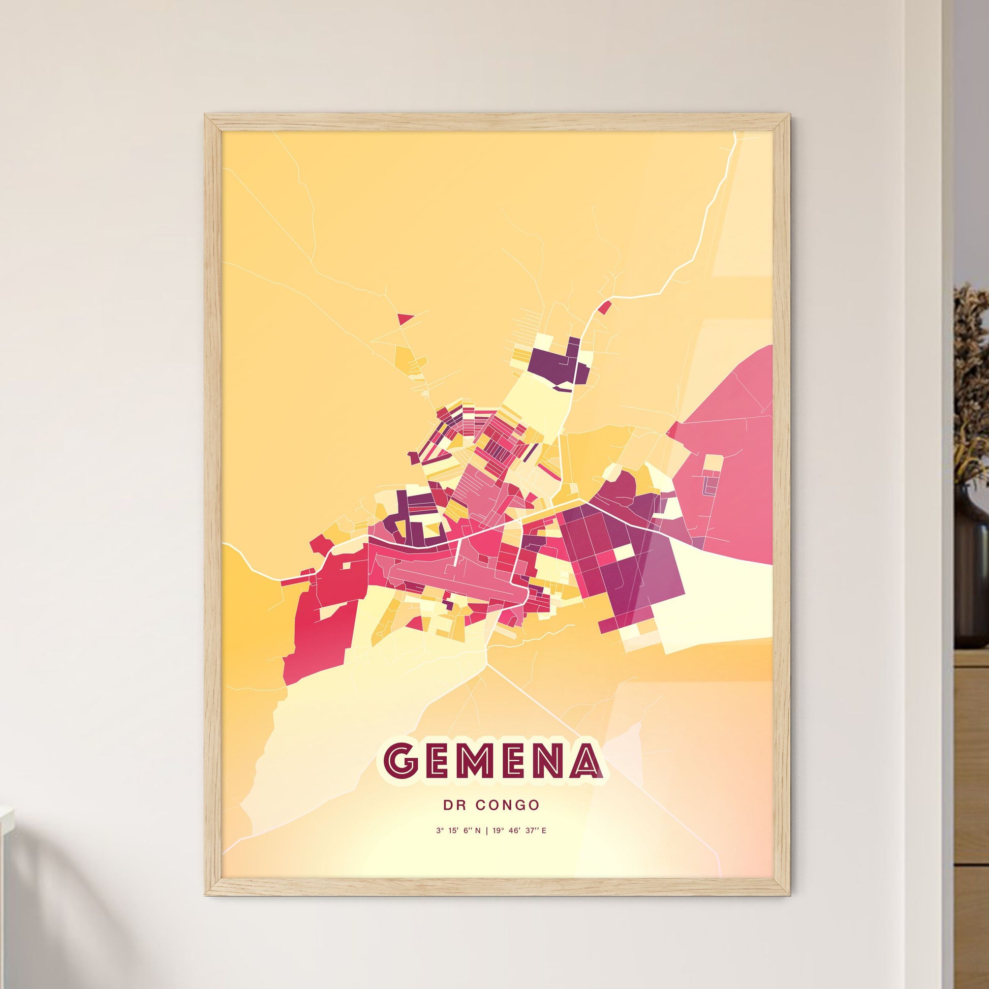 Colorful GEMENA DR CONGO Fine Art Map Hot Red