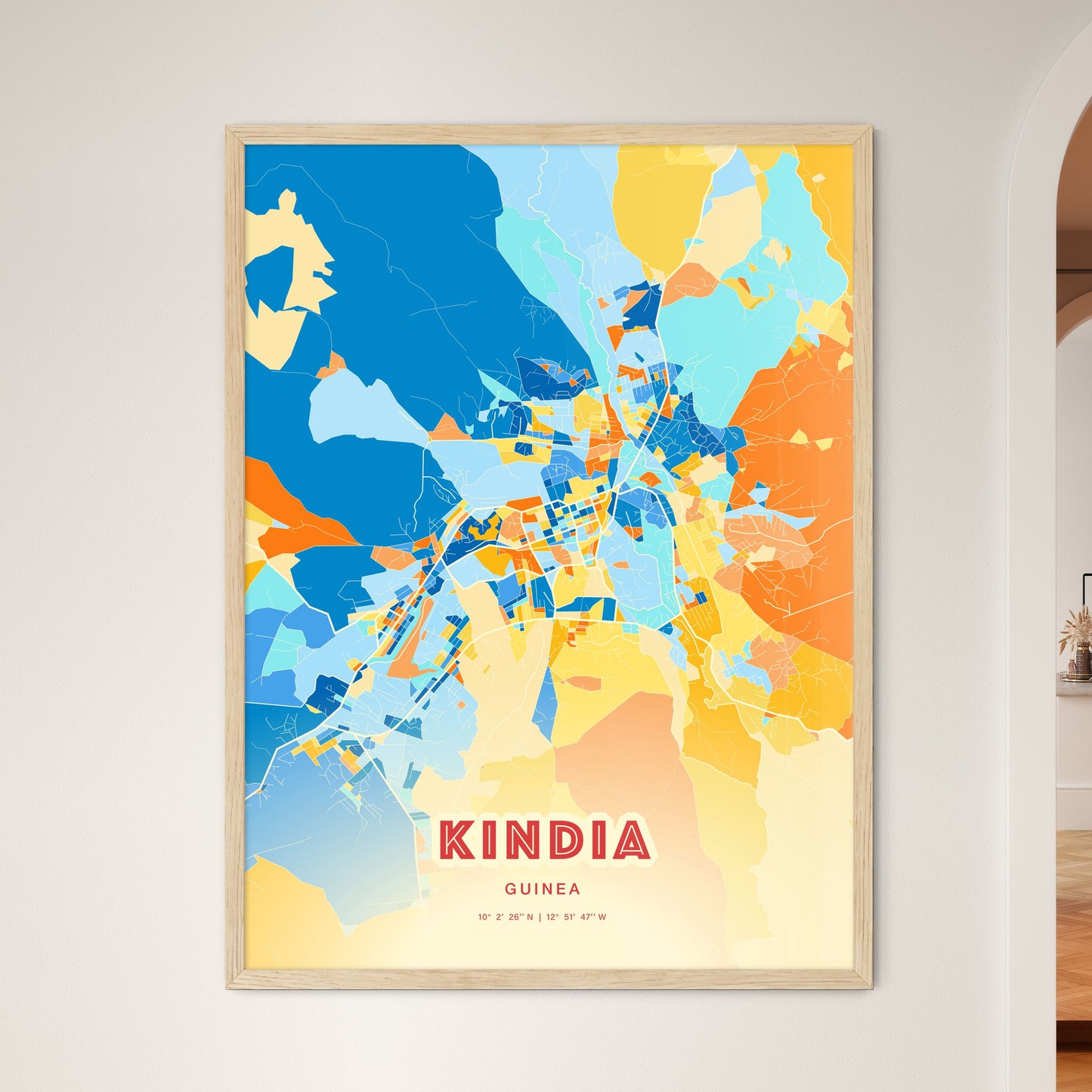 Colorful KINDIA GUINEA Fine Art Map Blue Orange