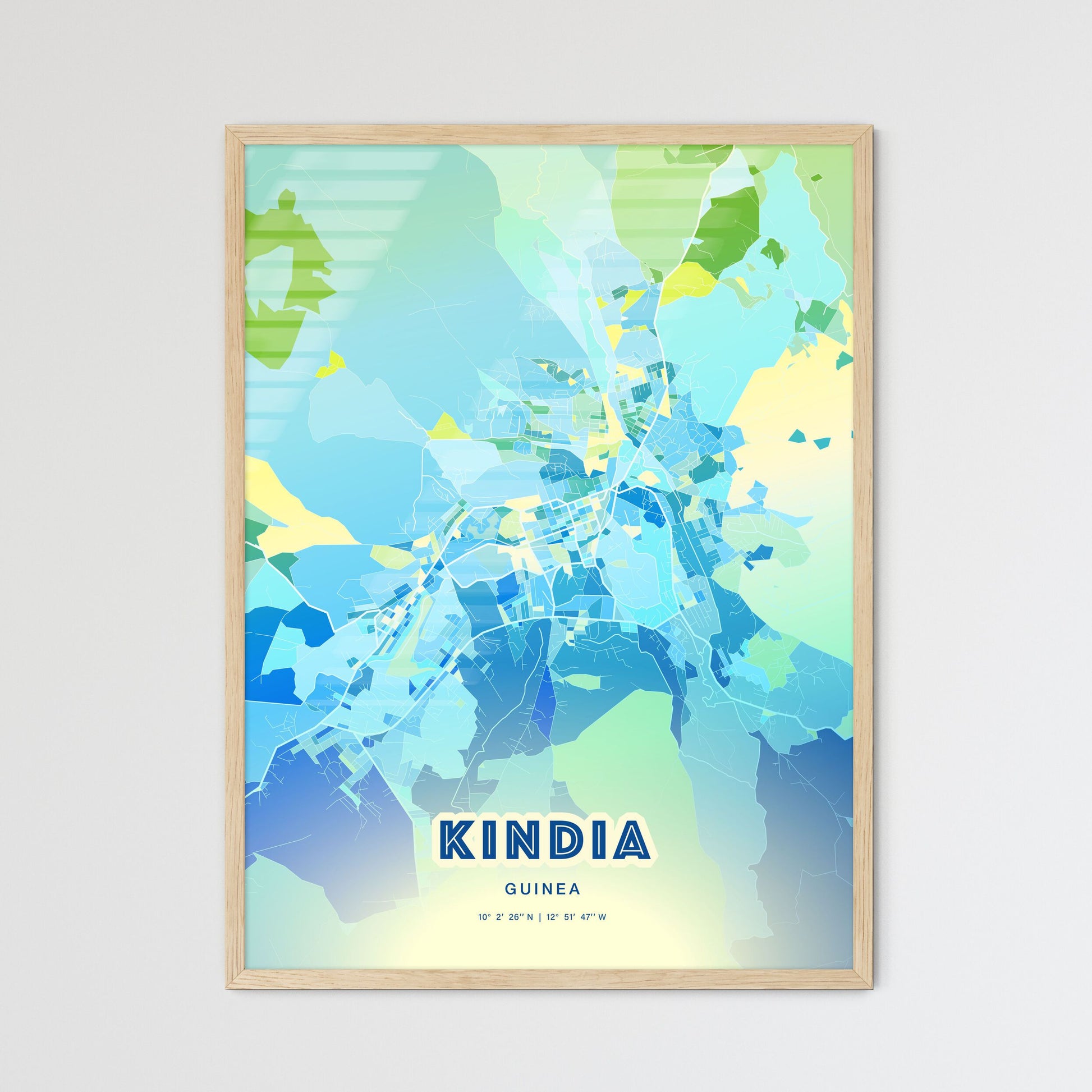 Colorful KINDIA GUINEA Fine Art Map Cool Blue