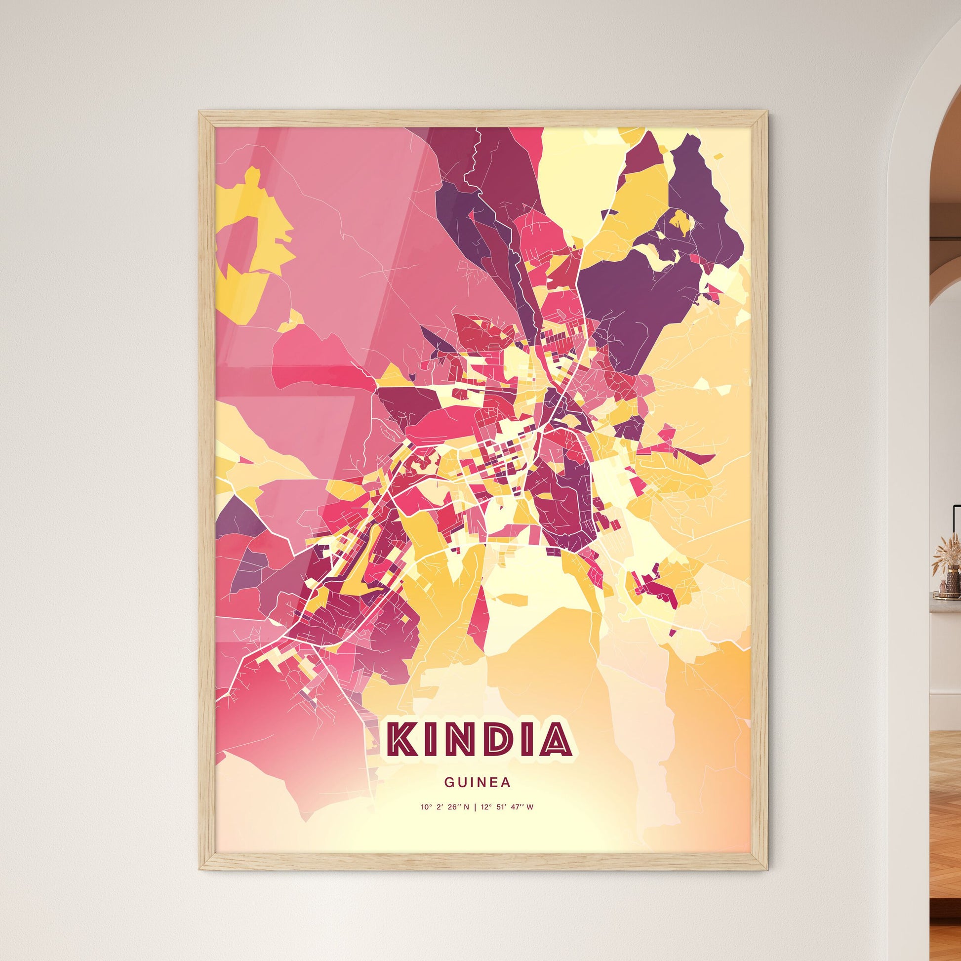 Colorful KINDIA GUINEA Fine Art Map Hot Red