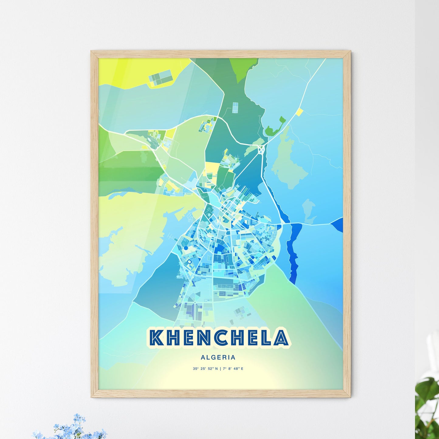 Colorful KHENCHELA ALGERIA Fine Art Map Cool Blue