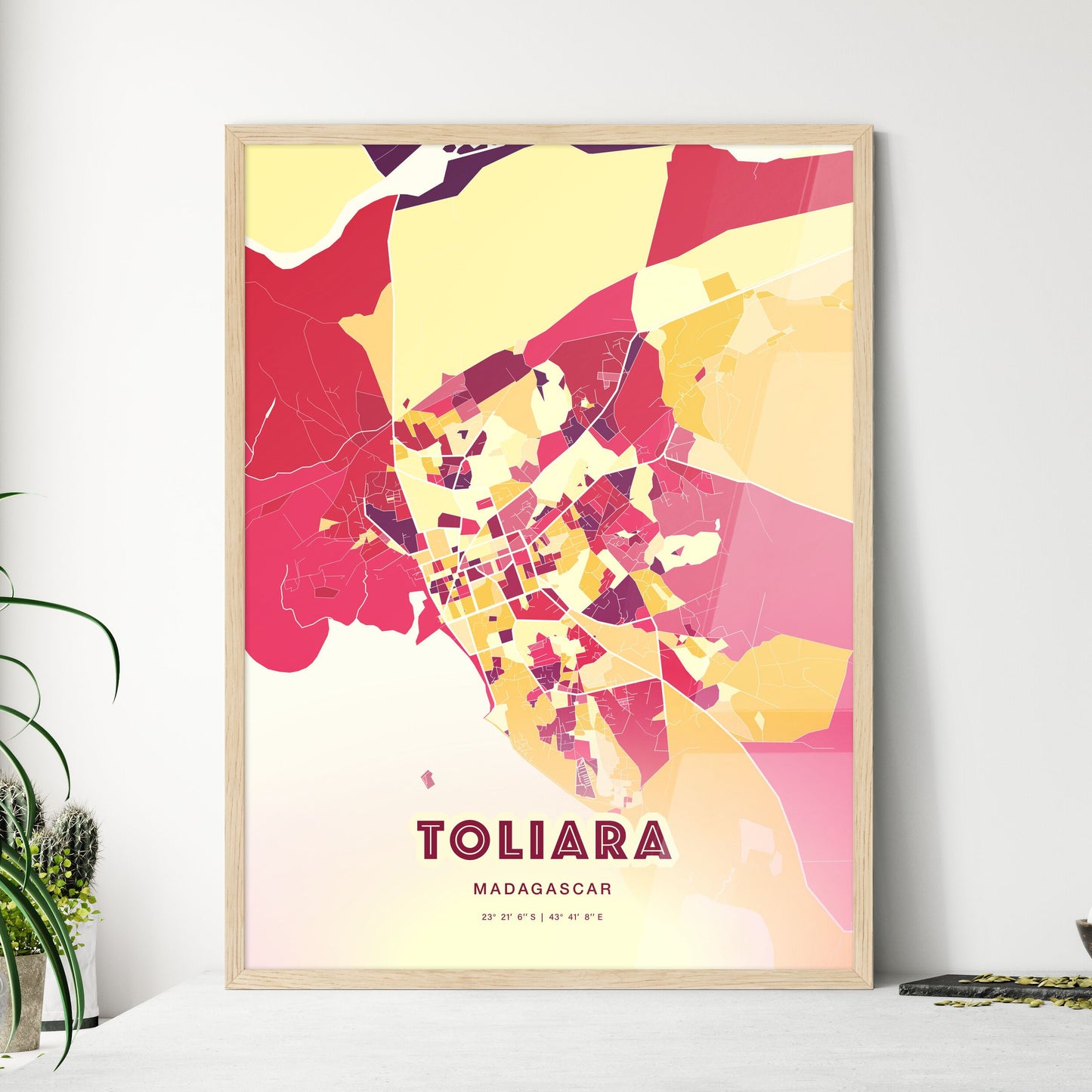 Colorful TOLIARA MADAGASCAR Fine Art Map Hot Red