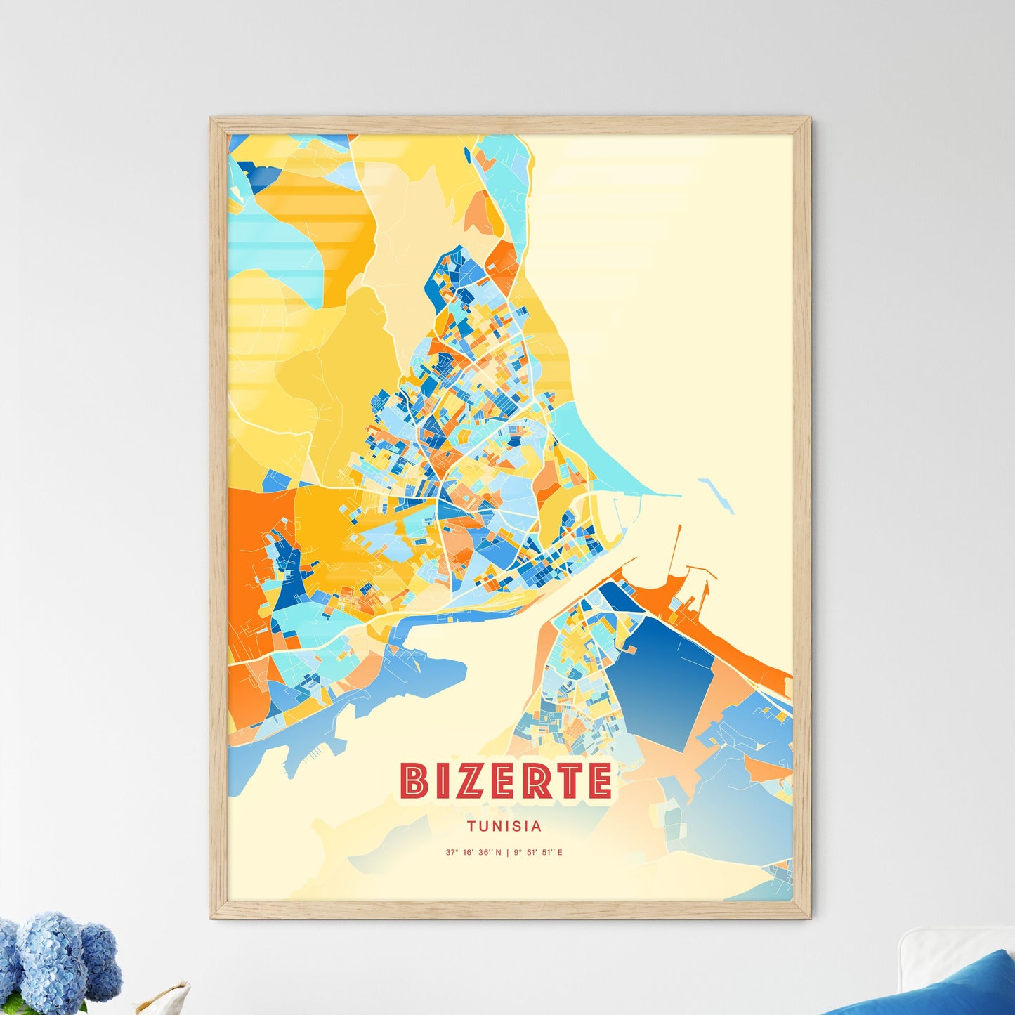 Colorful BIZERTE TUNISIA Fine Art Map Blue Orange