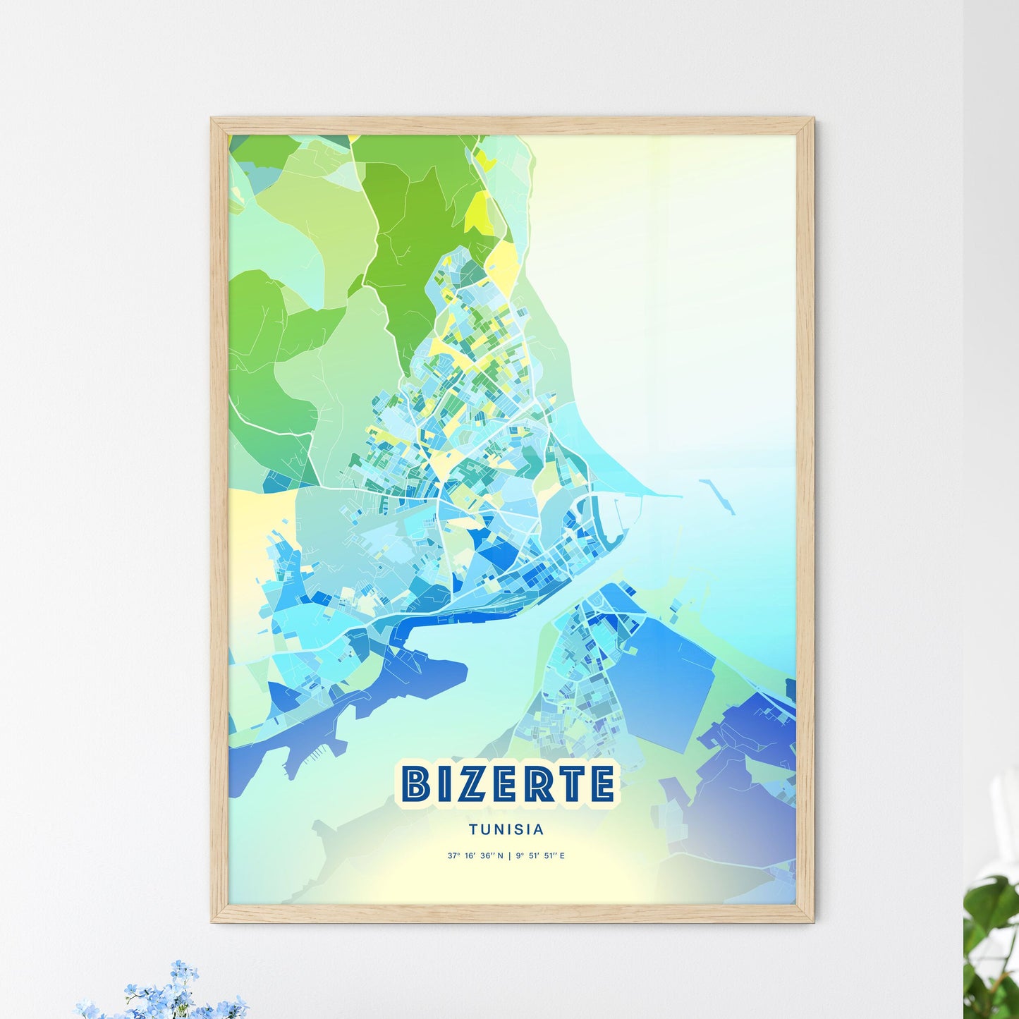 Colorful BIZERTE TUNISIA Fine Art Map Cool Blue