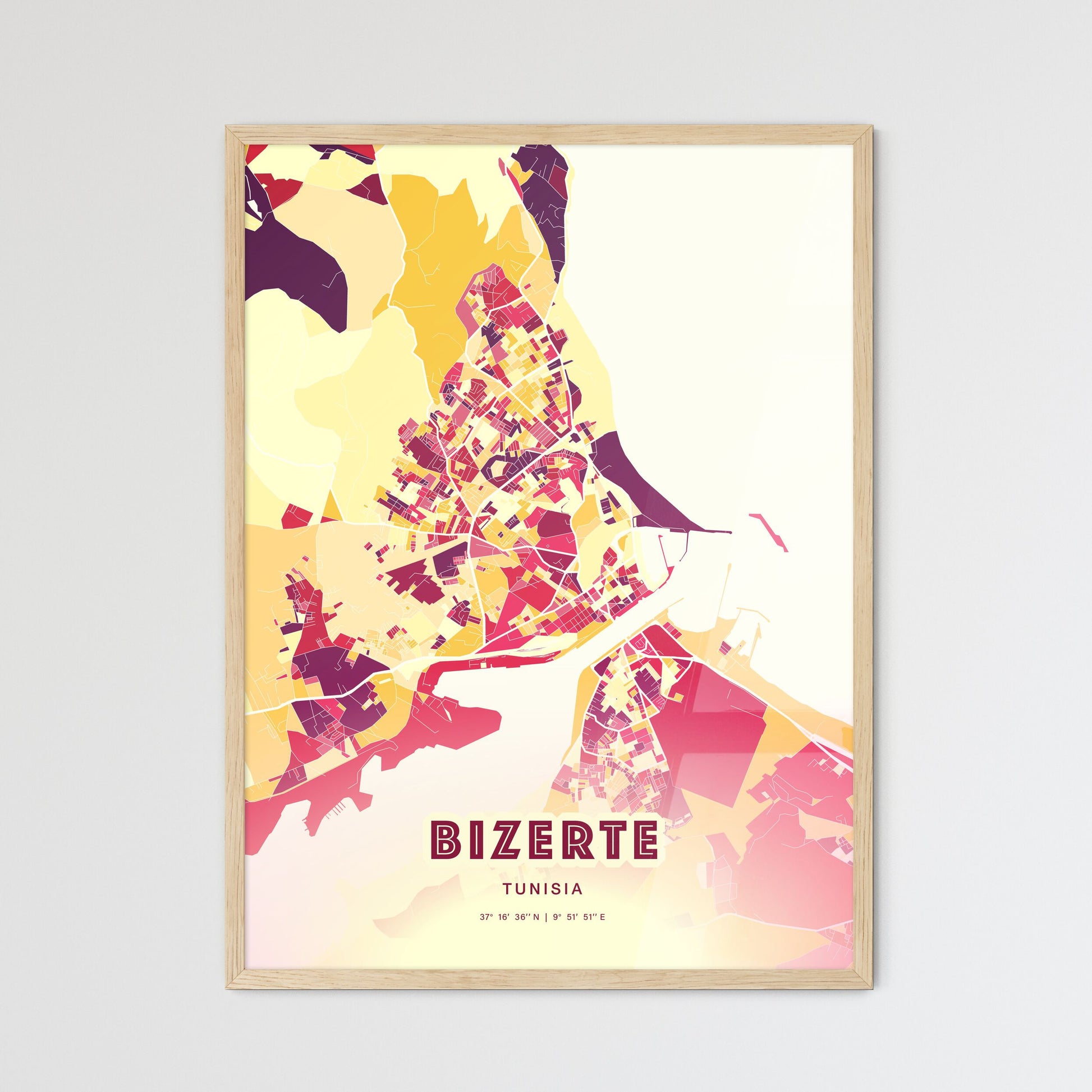 Colorful BIZERTE TUNISIA Fine Art Map Hot Red