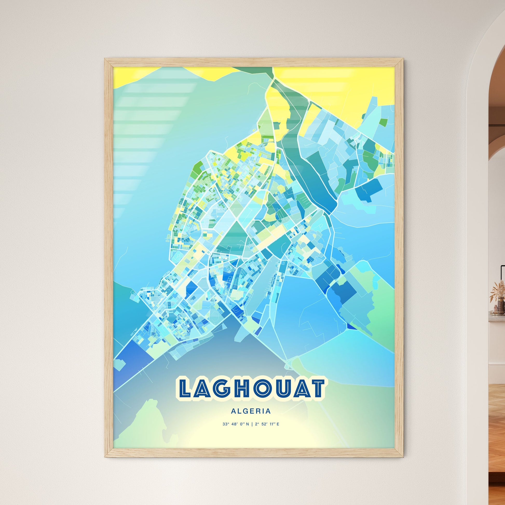 Colorful LAGHOUAT ALGERIA Fine Art Map Cool Blue