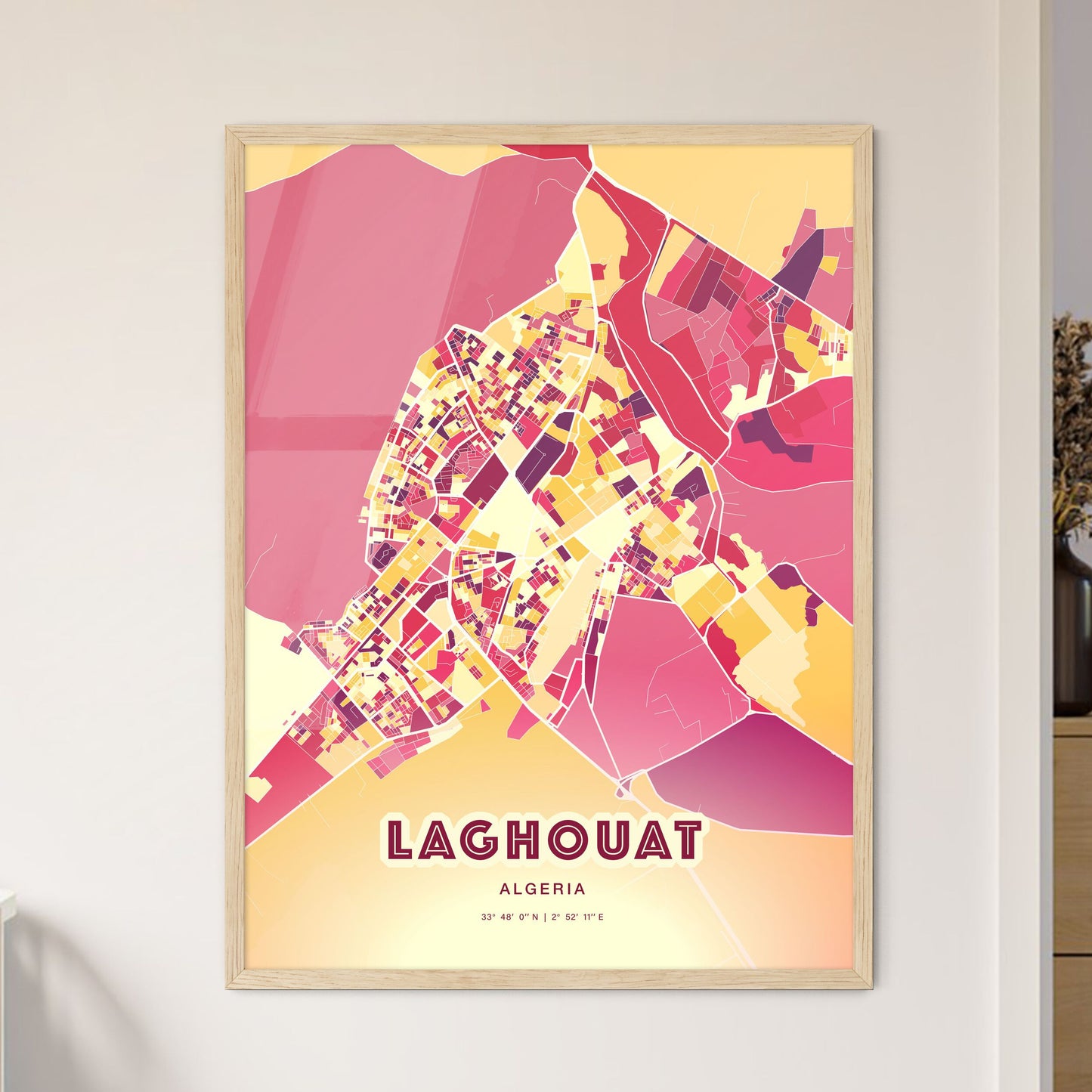 Colorful LAGHOUAT ALGERIA Fine Art Map Hot Red