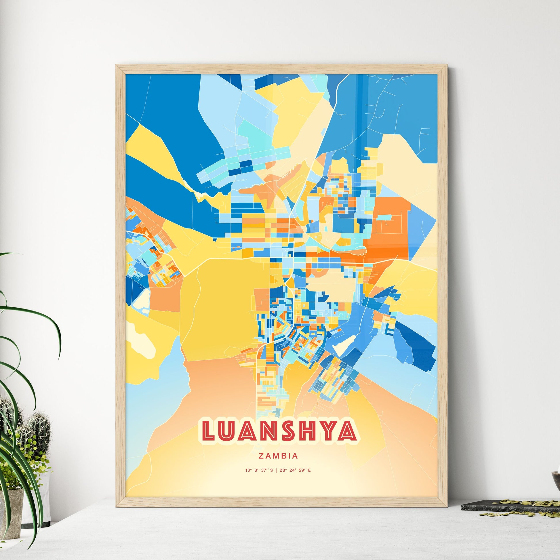 Colorful LUANSHYA ZAMBIA Fine Art Map Blue Orange