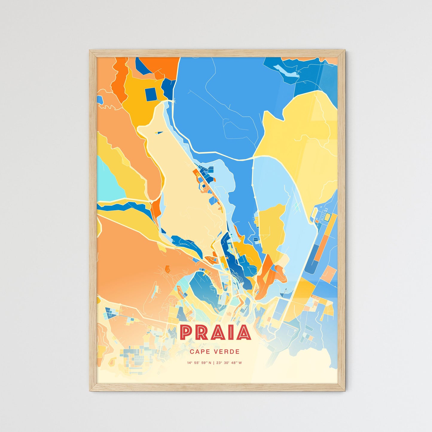 Colorful PRAIA CAPE VERDE Fine Art Map Blue Orange