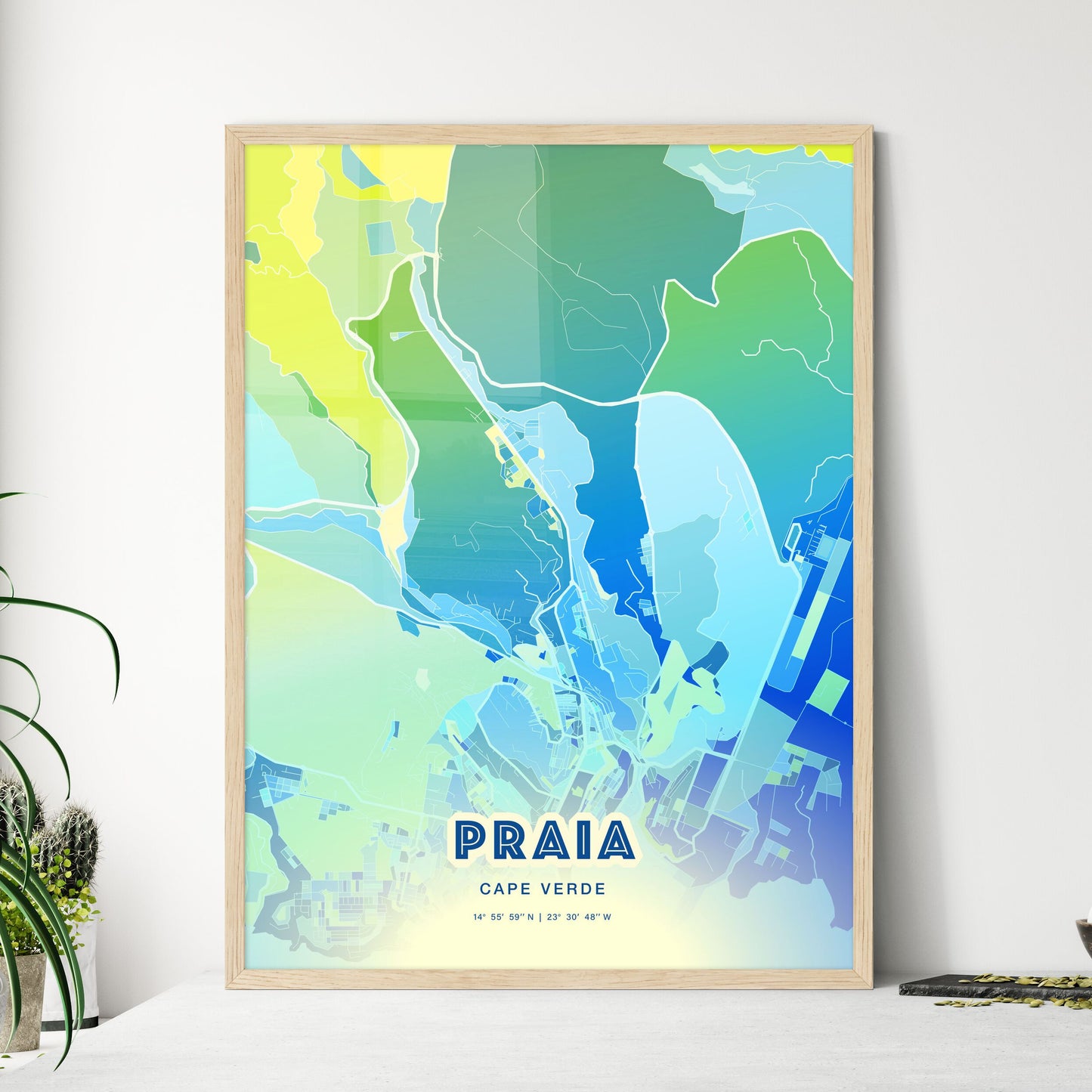 Colorful PRAIA CAPE VERDE Fine Art Map Cool Blue