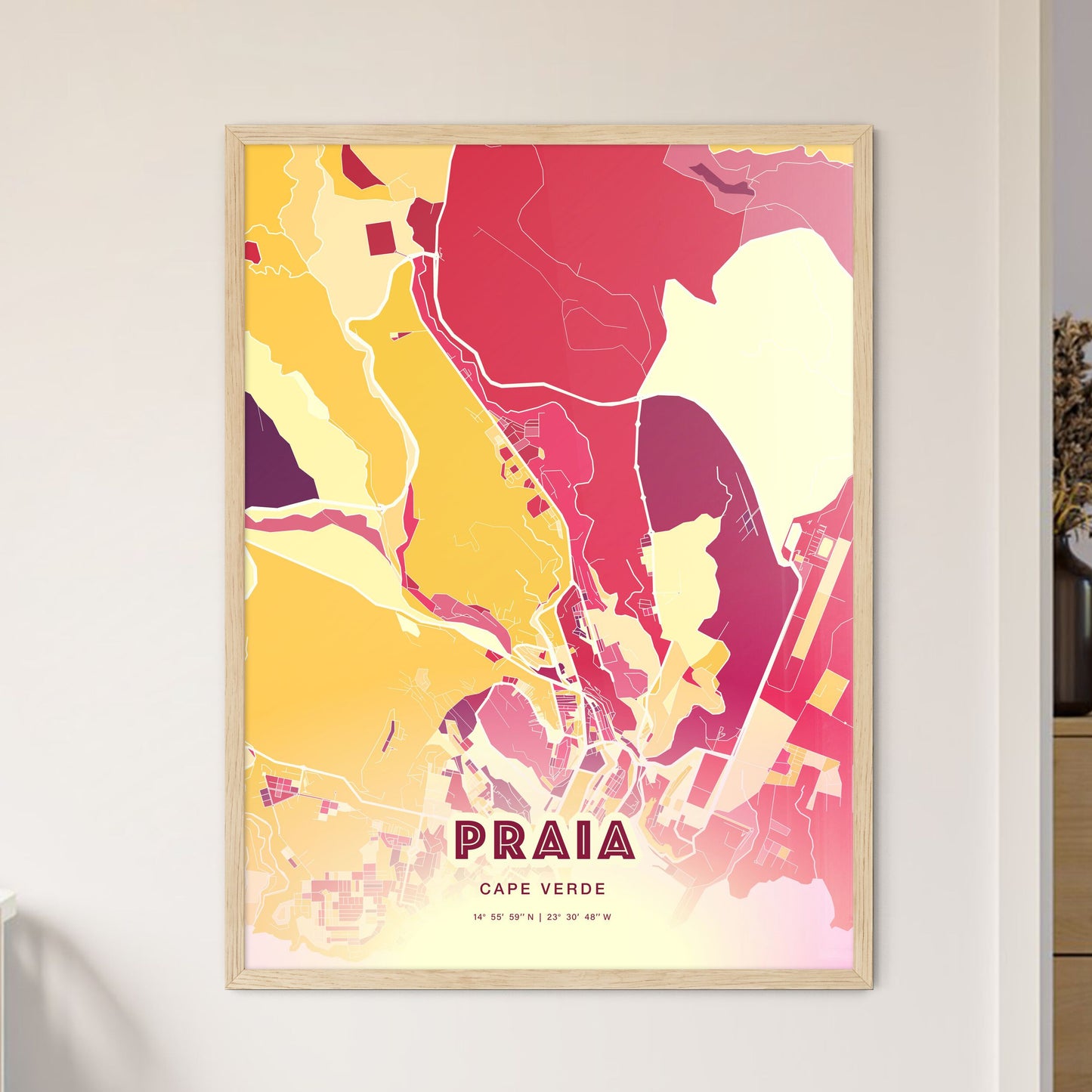 Colorful PRAIA CAPE VERDE Fine Art Map Hot Red